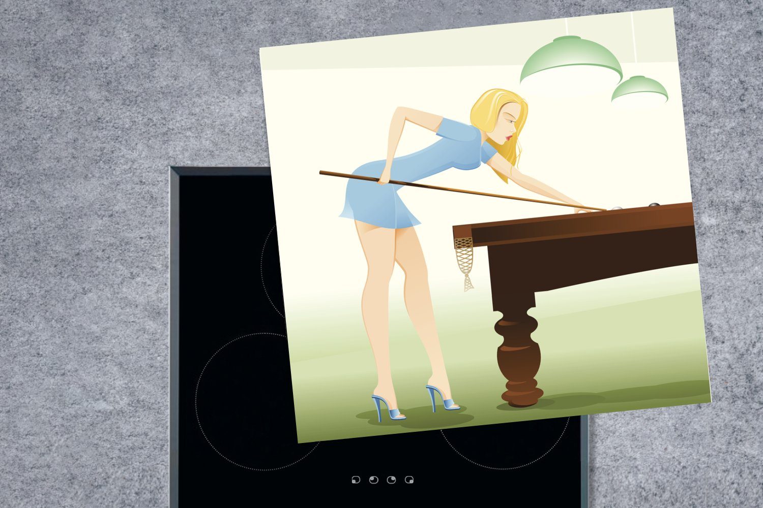 Vinyl, tlg), cm, Illustration Arbeitsplatte Herdblende-/Abdeckplatte Billard Ceranfeldabdeckung, küche für spielenden einer (1 78x78 MuchoWow Eine Frau,