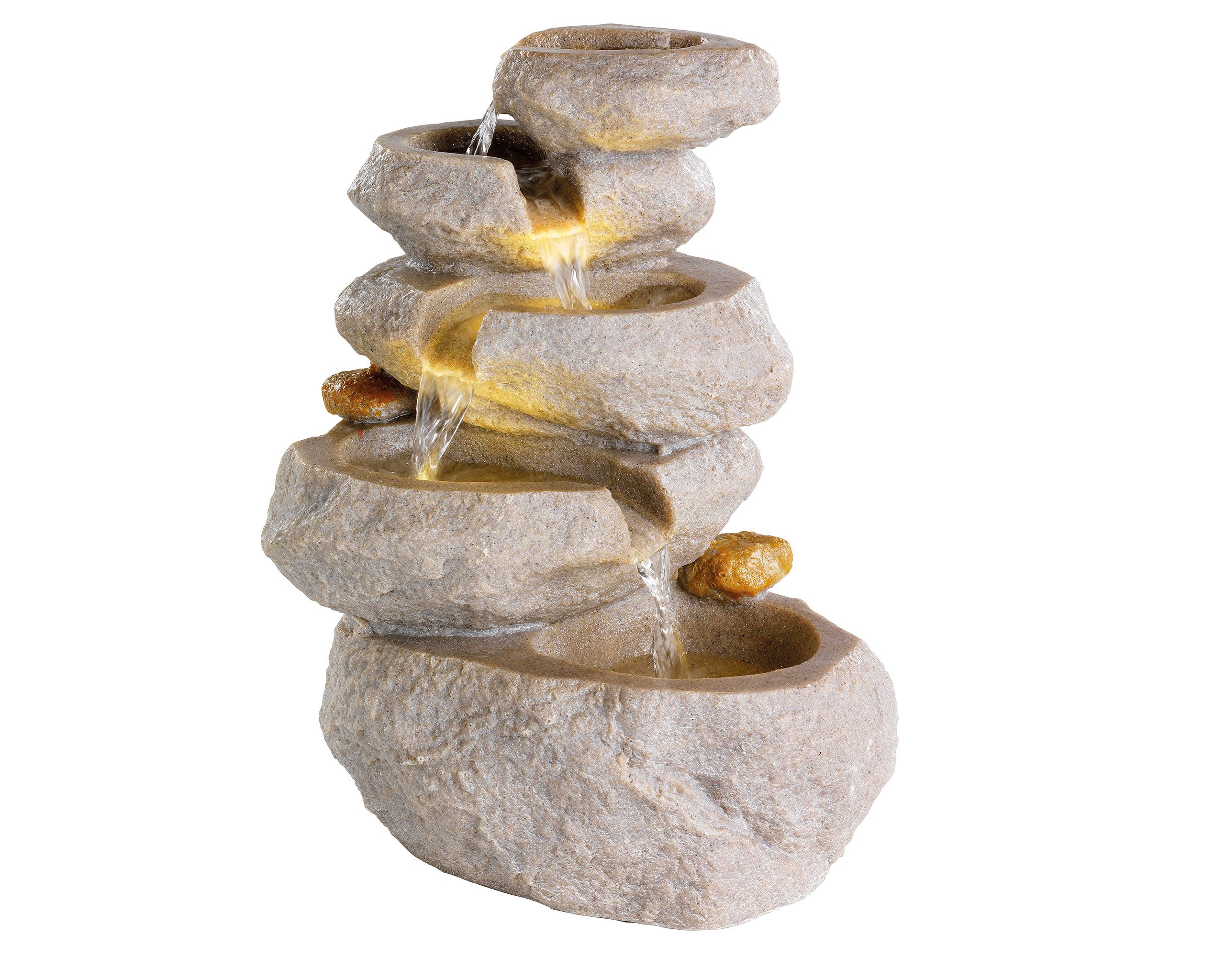 Lumineo Gartenbrunnen, Springbrunnen Felswasserfall mit LED Beleuchtung 35cm Keramik Beige