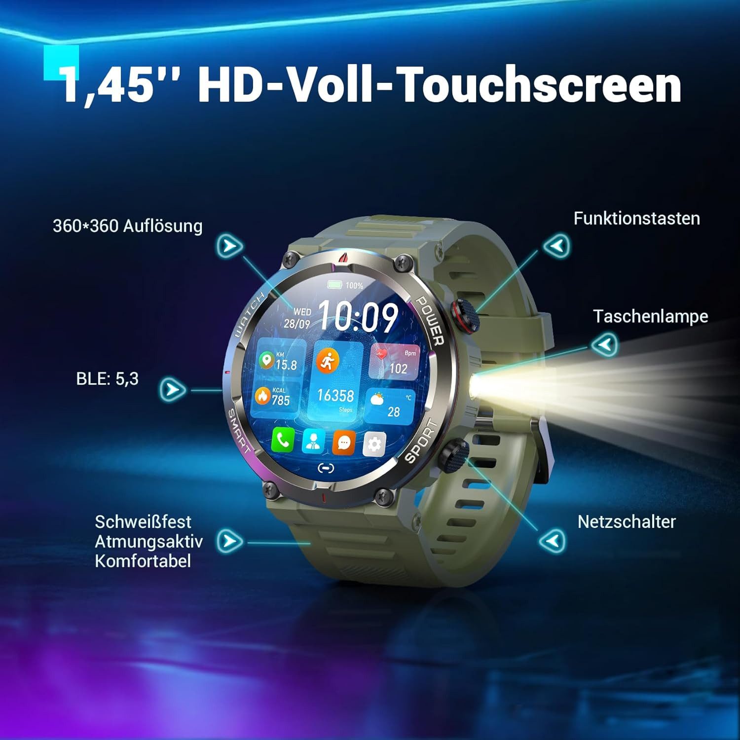 IOWODO 2026 SMARTWATCH HERREN – WASSER-,STAUB- & STOßFEST,30Tage Akkulaufzeit Smartwatch Set, mit Wechselband aus weichemSilikon und Ladekabel, 14,5",960 mAh,Kompass,LED-Taschenlampe,Anrufe tätigen & empfangen,IP68
