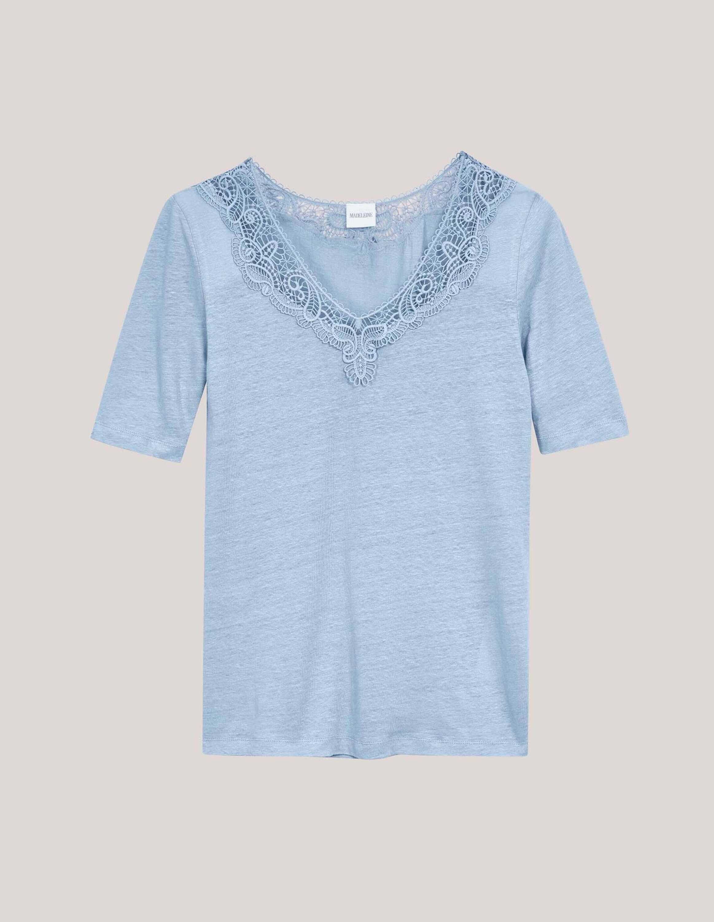 MADELEINE Kurzarmshirt Kurzarm Leinen-Shirt mit Spitzenbesatz Uni-Design mit dekorativem V-Ausschnitt vorne und hinten