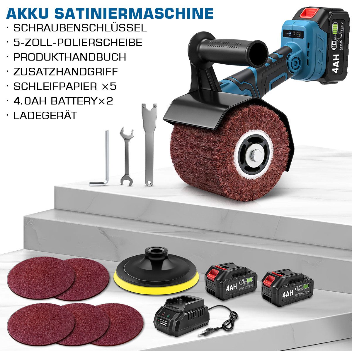 XERSEK Akku-Multischleifer 1200W 3in1 Schleifmaschine Satiniermaschine Bürstenschleifer 3-Stufen, max. 9000 U/min, (Satiniergerät mit M14 Polierrad 120×100mm 2*Akkus 2*Griff Staubschutz), Oberflächenbürste, M14 Polierrad 120×100mm Kompatibel mit Makita-Akku
