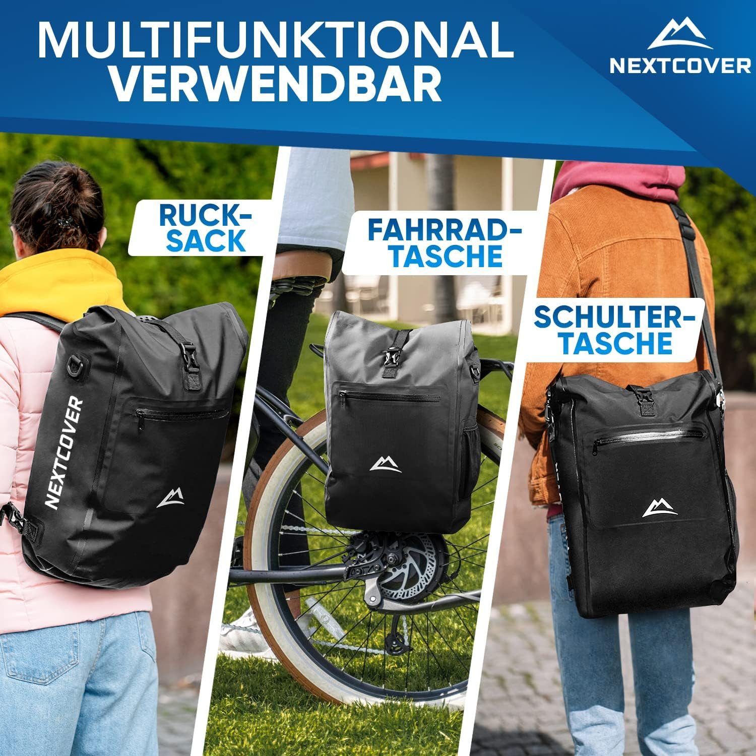 Nextcover Fahrradtasche NEU 3in1 Fahrradtasche für Gepäckträger - Fahrradrucksack wasserdicht