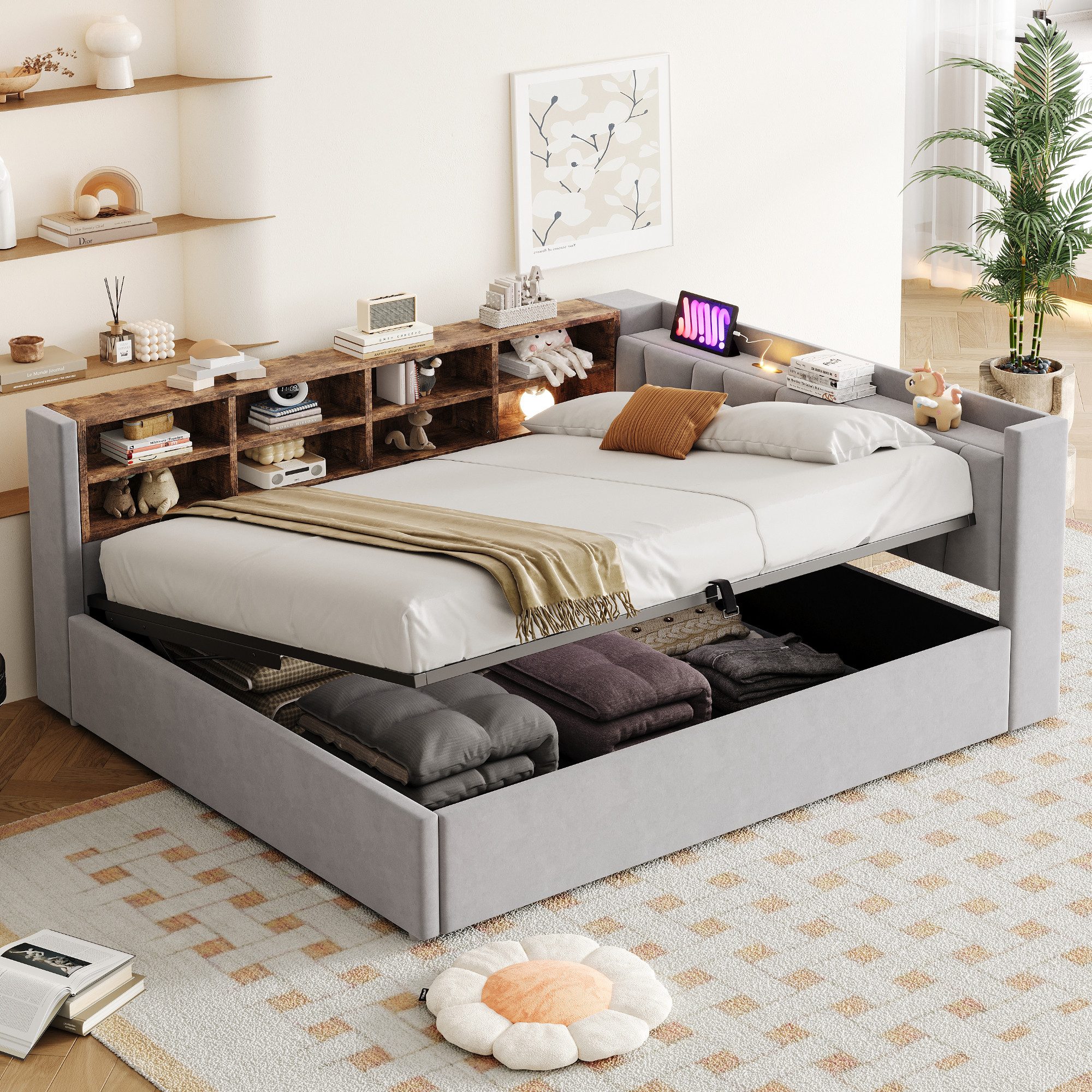 REDOM Schlafsofa Polsterbett Stauraumbett, mit hydraulischem Stauraum, Nachtlicht, USB & Typ-C Anschlüsse, Samtstoff 140x200cm, ohne Matratze