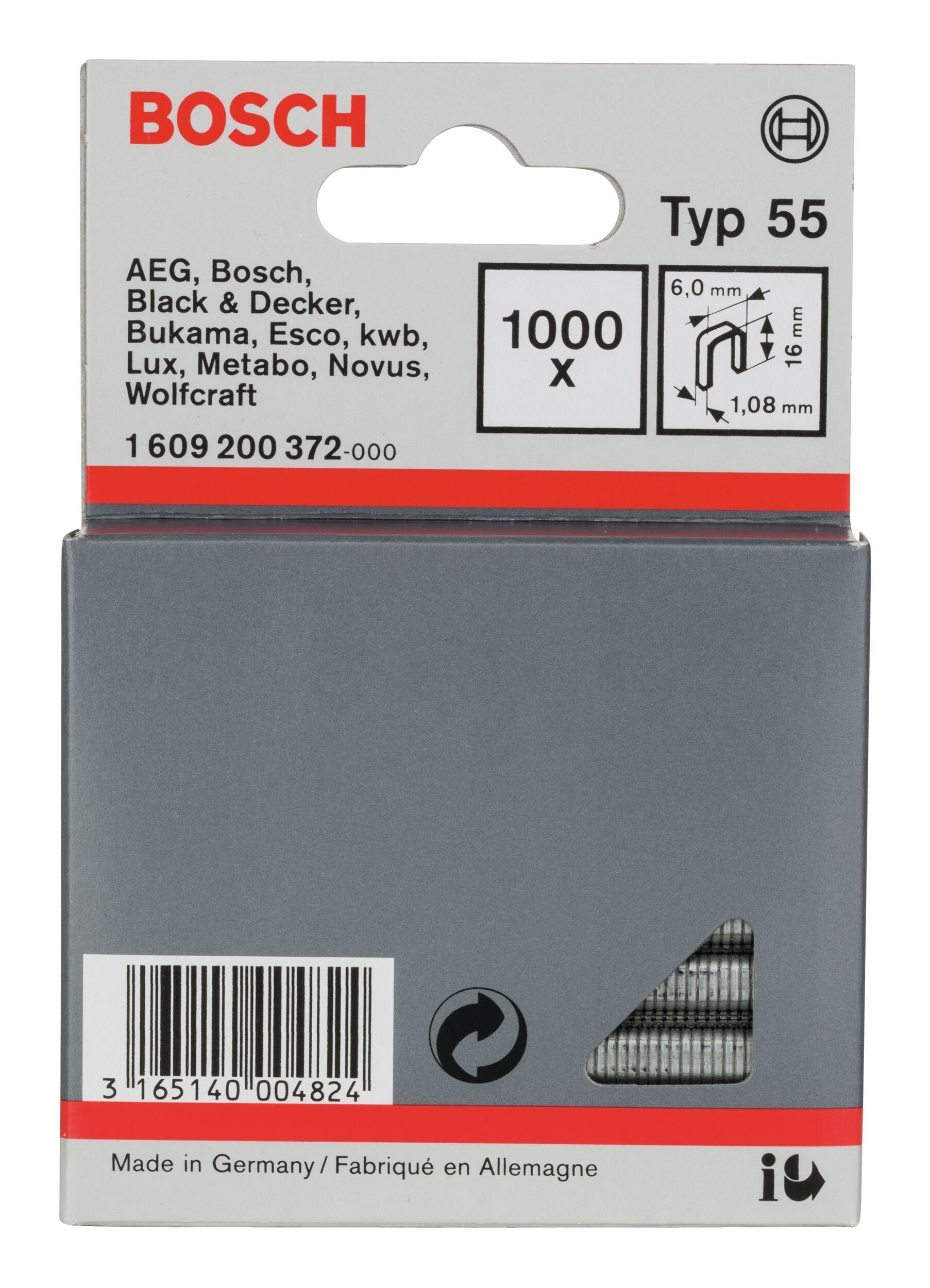BOSCH Tackerklammer, Typ 55 Schmalrückenklammer - 1,08 x 16 x 6 mm - 1000er-Pack