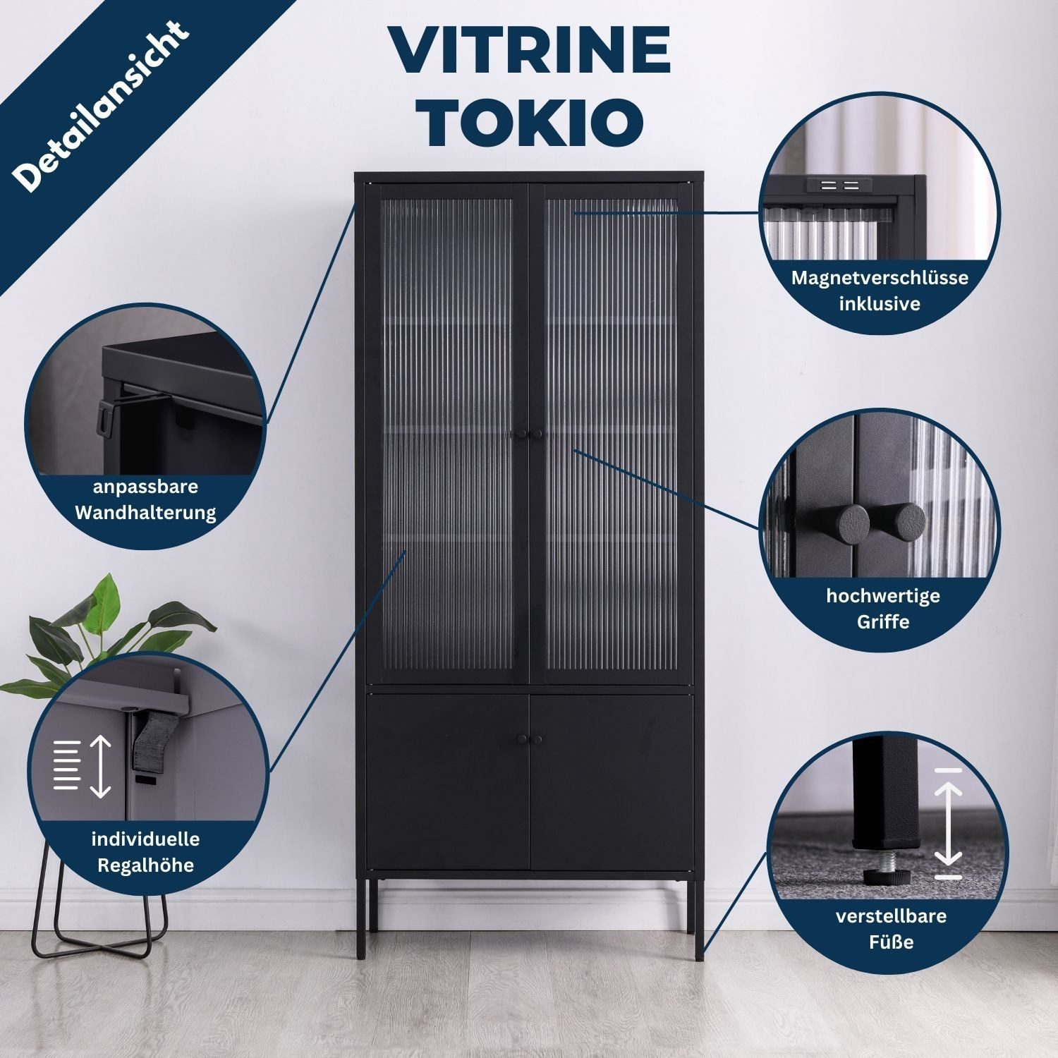 Coemo Standvitrine TOKIO Schwarz Vitrinenschrank Glastüren Metalltüren Vitrine modern H: 180 cm