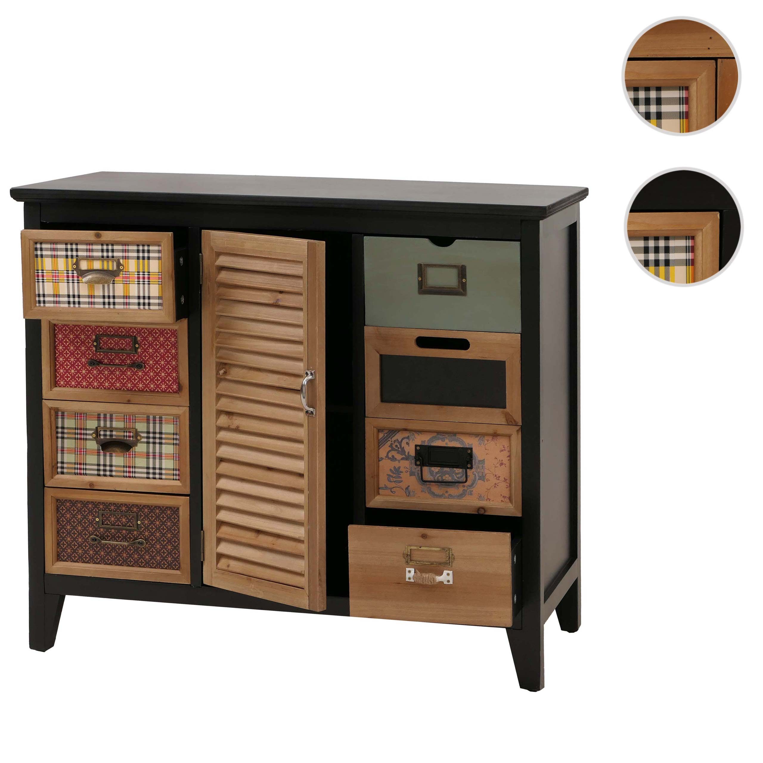 MCW Apothekerschrank MCW-O63-G Schubladenfronten im Mix aus Mustern und Farben mit Etikettenhaltern