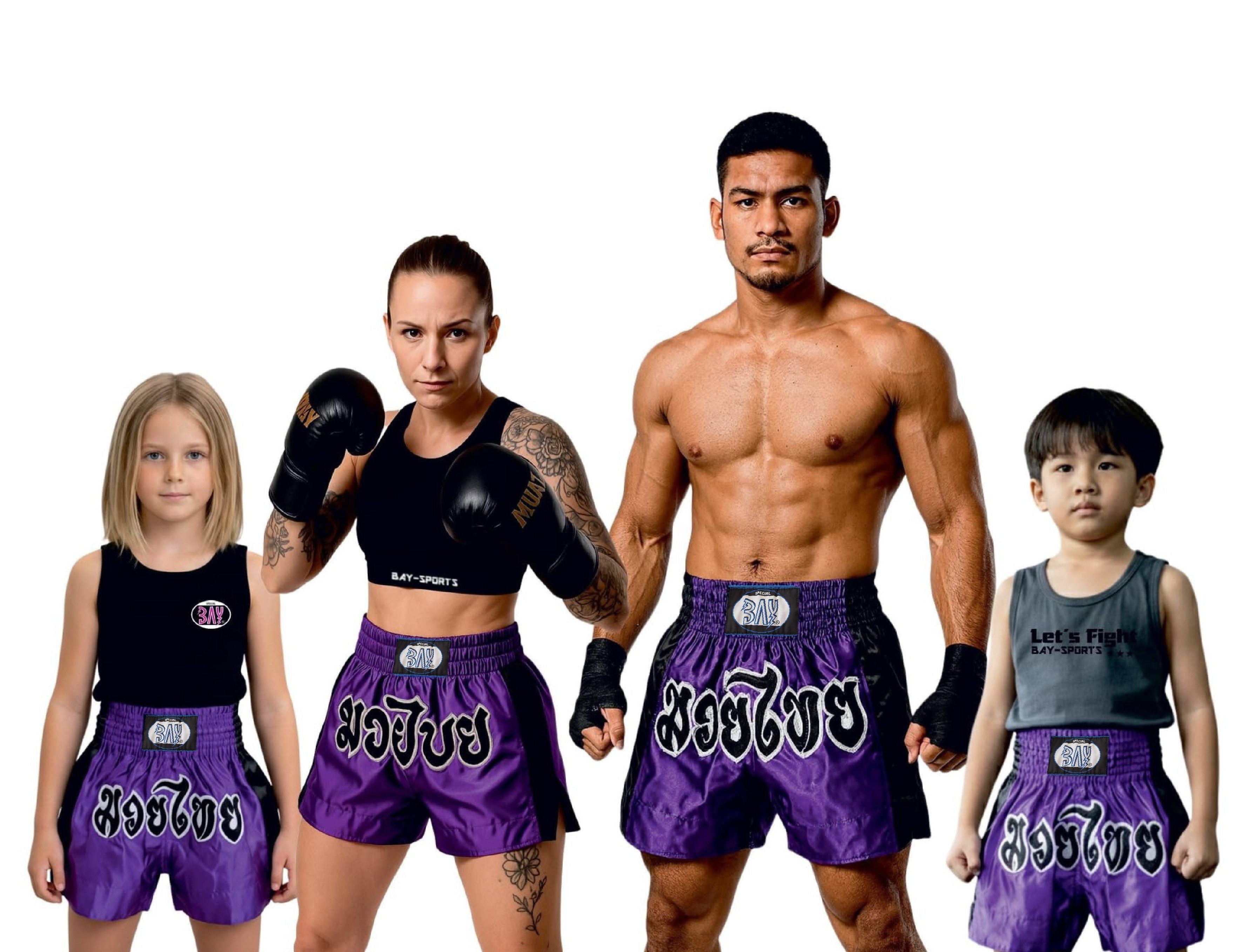 BAY-Sports Sporthose Thaiboxhose REMY Muay Thai Hose Shorts Thaiboxen MMA kurz Kickboxen kurze, leichte, locker sitzende Trainingshose, Lila/Schwarz/Weiß