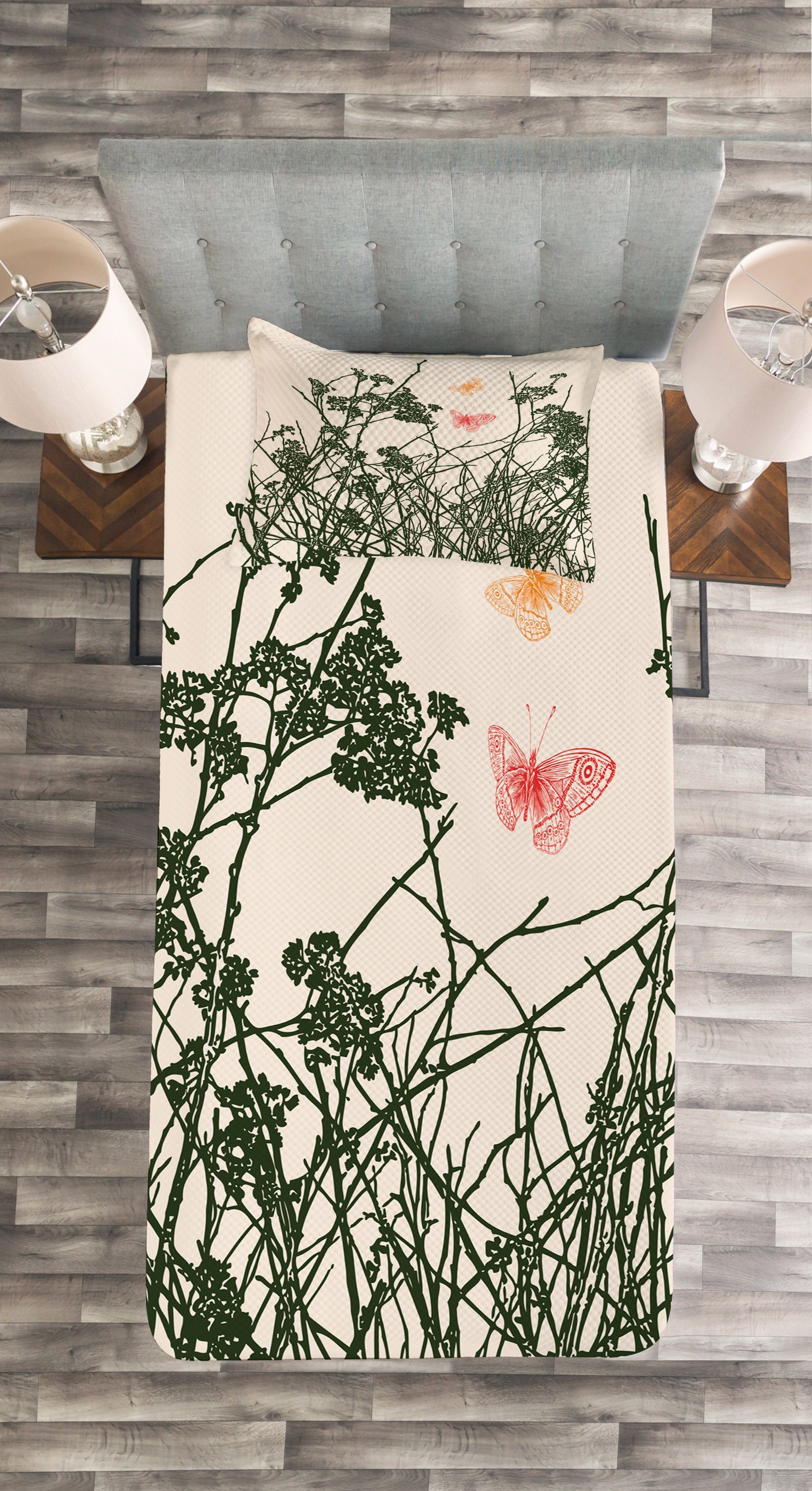 Tagesdecke Set mit Kissenbezügen Zeichnung Blumen Schmetterlinge Kräuter Abakuhaus, Waschbar