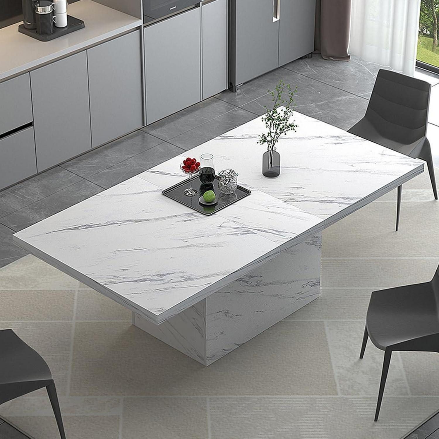 LuxusKollektion Esstisch Esstisch Holz Säule Marmoroptik Weiß 6 bis 8 180 x 80 x 76 cm Weiß