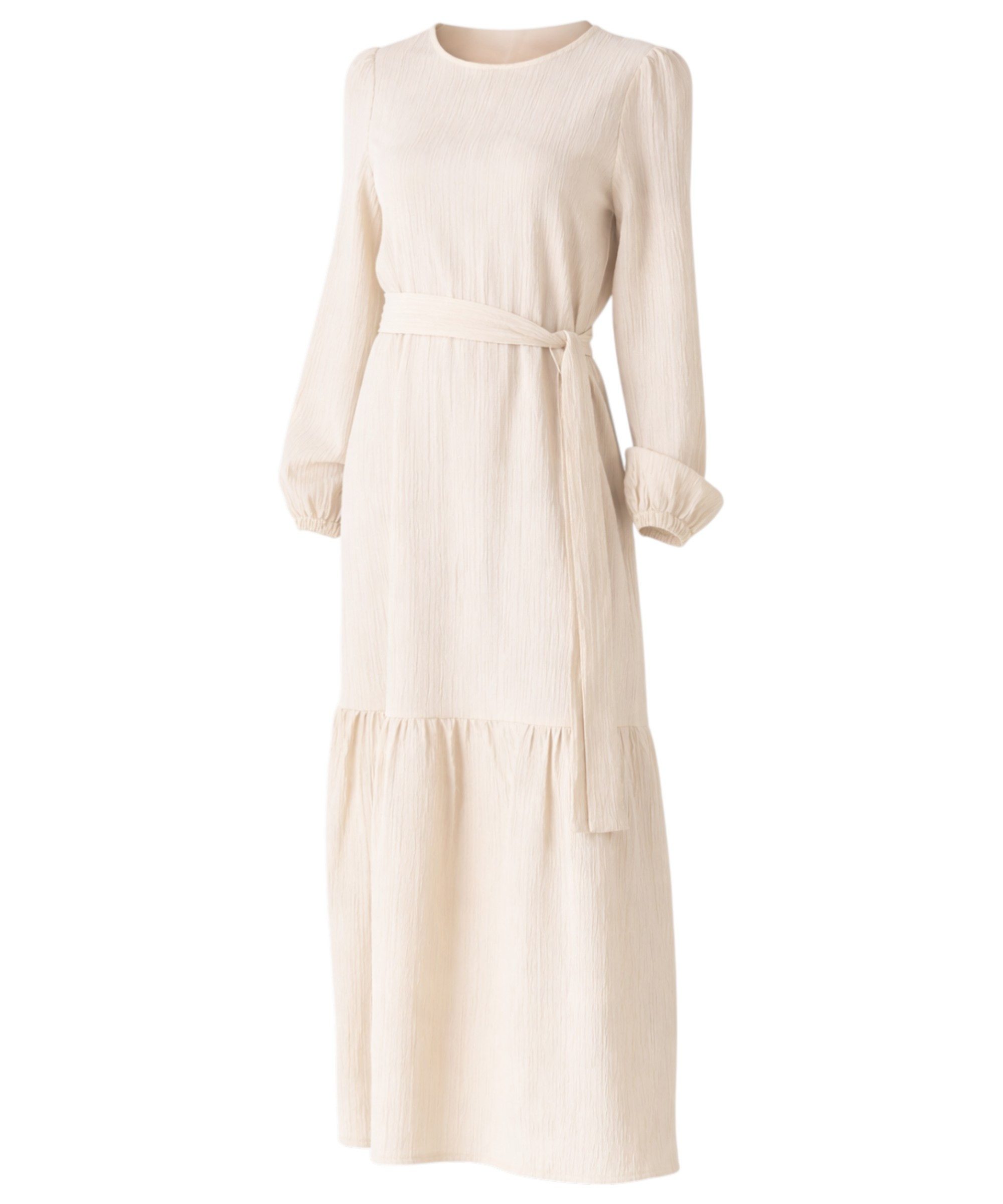 fashionshowcase Maxikleid Damen Crinkle Kleid mit Gürtel, Ballonärmel, 140 cm, Gr. 36–46 Mit Bindegürtel in Taille und dezentem Volant am Saum