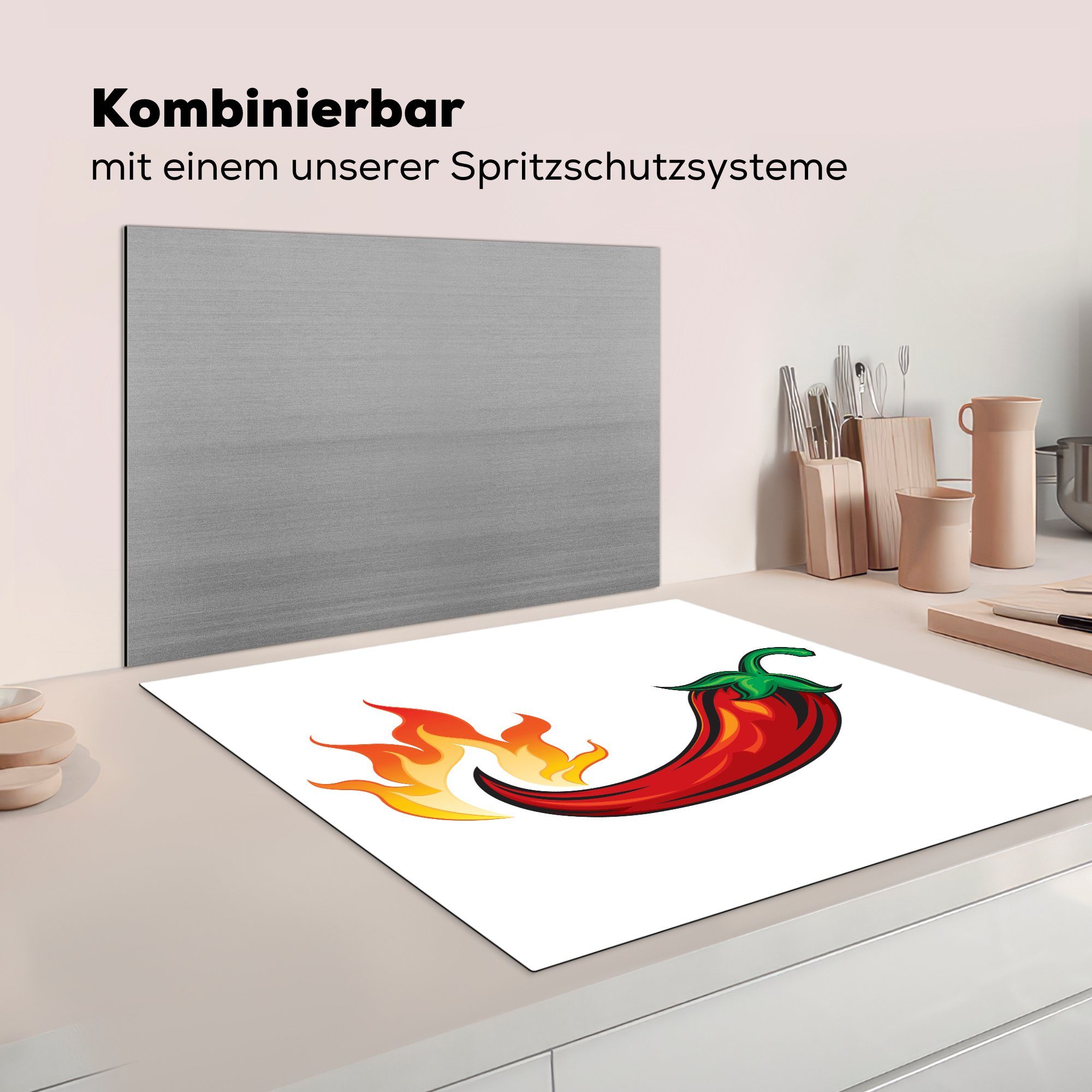 Illustration Herdblende-/Abdeckplatte cm, Vinyl, scharfen tlg), roten küche Eine 78x78 und einer Ceranfeldabdeckung, Jalapeño, MuchoWow für (1 Arbeitsplatte