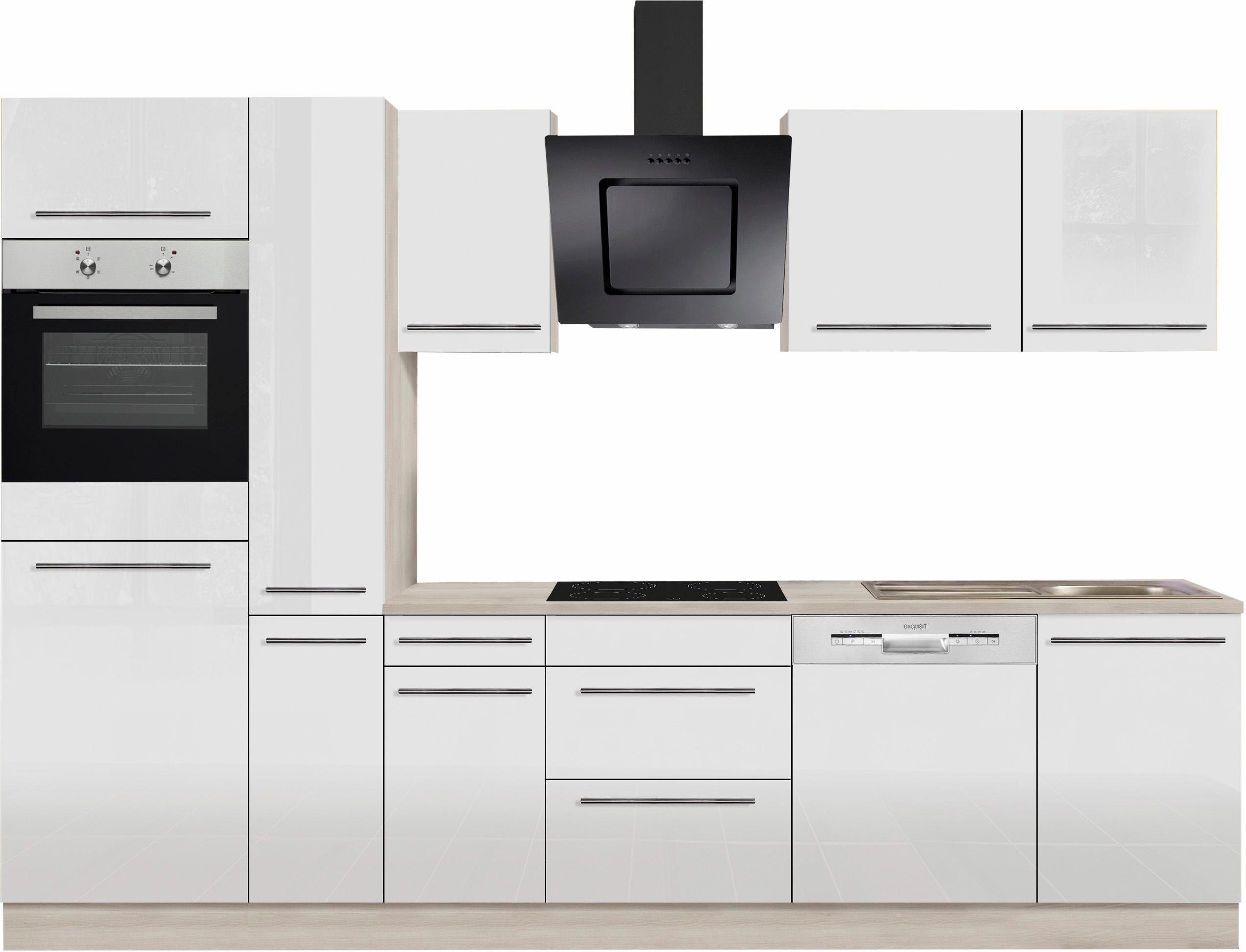 Hochglanz/akazie-akazie wahlweise Bern, Küchenzeile 300 OPTIFIT Füße, höhenverstellbare E-Geräten Hochglanz cm, weiß mit weiß | weiß Breite |