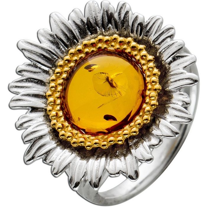 Ch.Abramowicz Silberring Sonnenblumen Ring Silber 925/- vergoldet mit Cognac Bernstein 17 (1-tlg)
