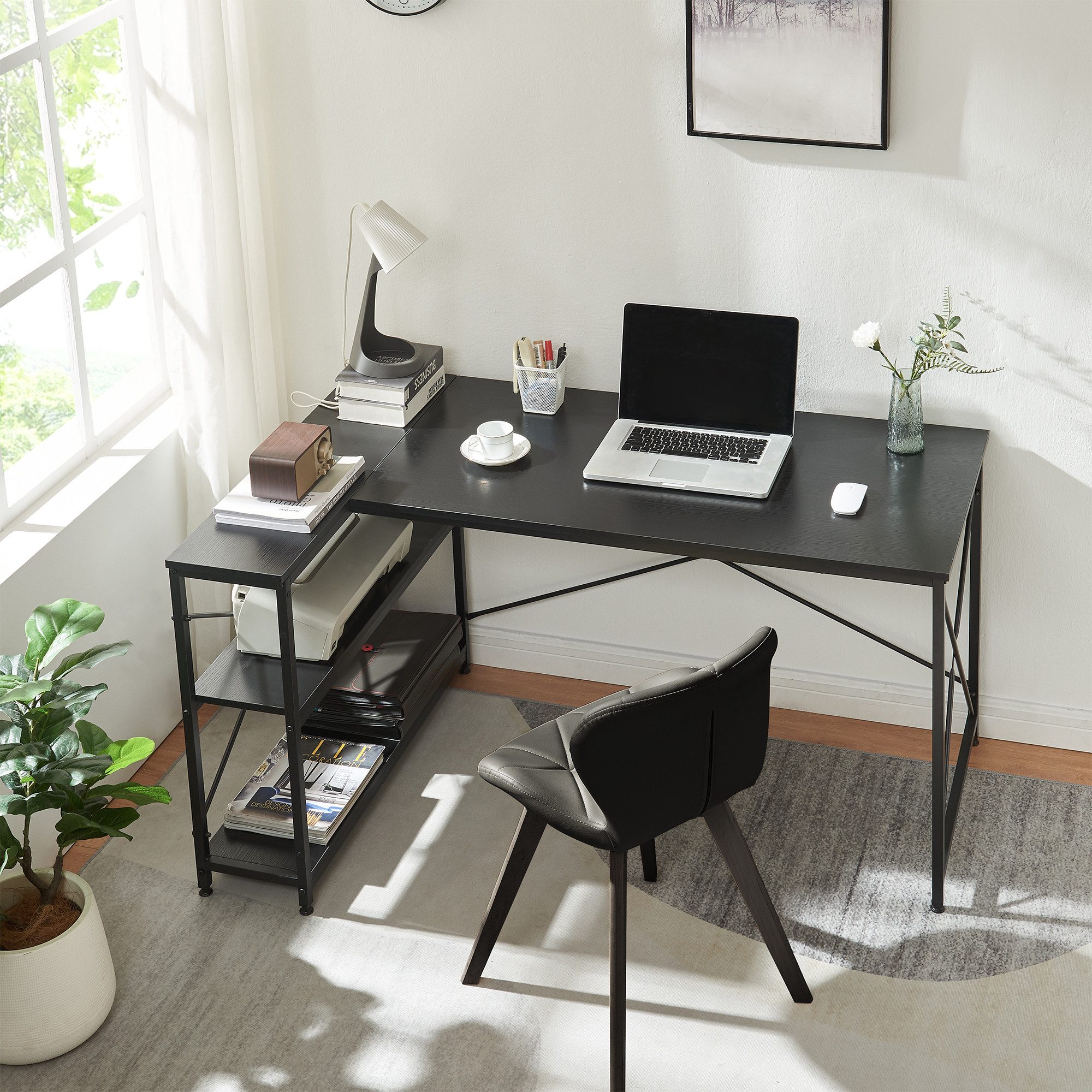 en.casa Schreibtisch, »Raundsvalt« mit 1 Regal L-förmig 137x88x75 cm Schwarz