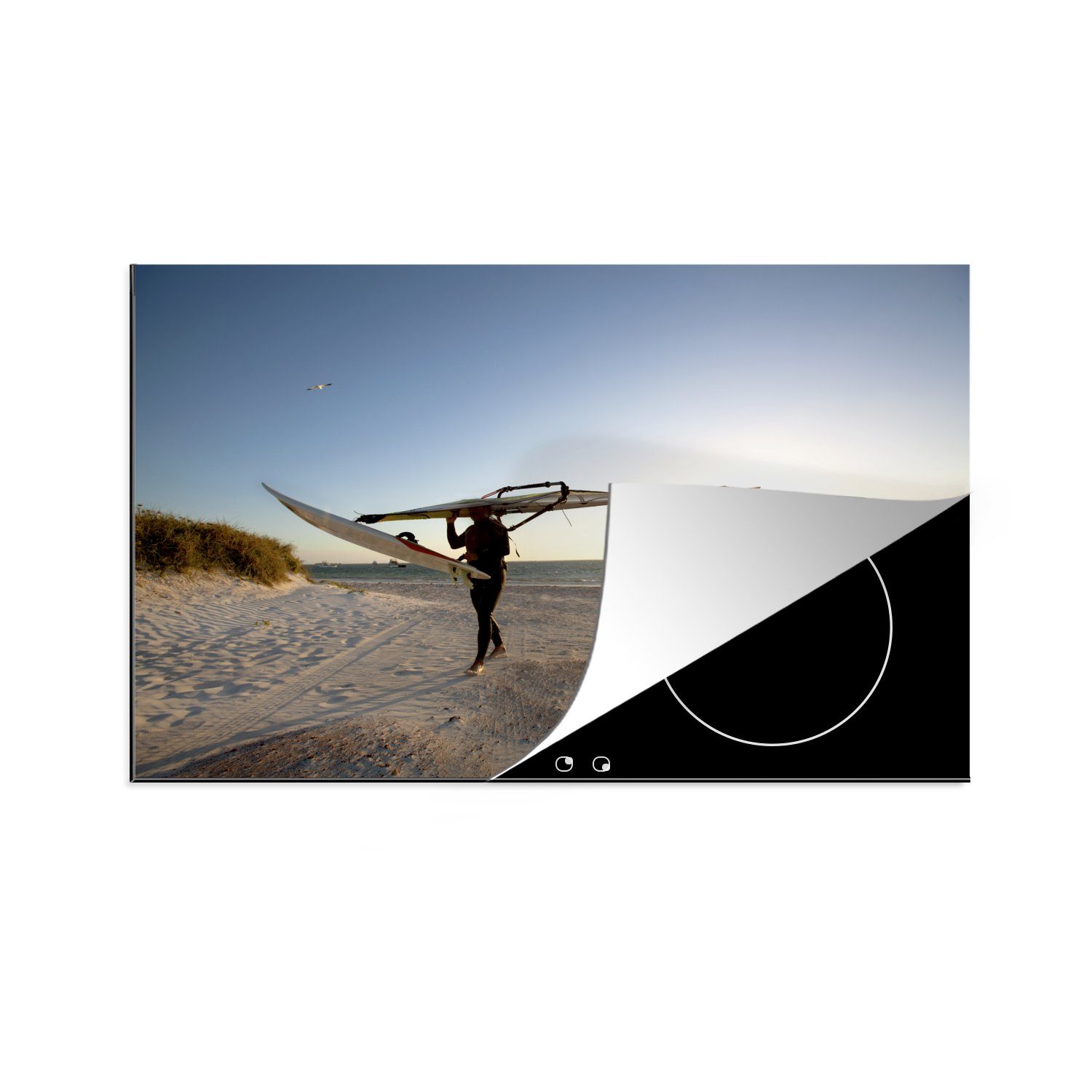 MuchoWow Herdblende-/Abdeckplatte Ein Windsurfer steigt aus dem Meer, Vinyl, (1 tlg), 81x52 cm, Induktionskochfeld Schutz für die küche, Ceranfeldabdeckung
