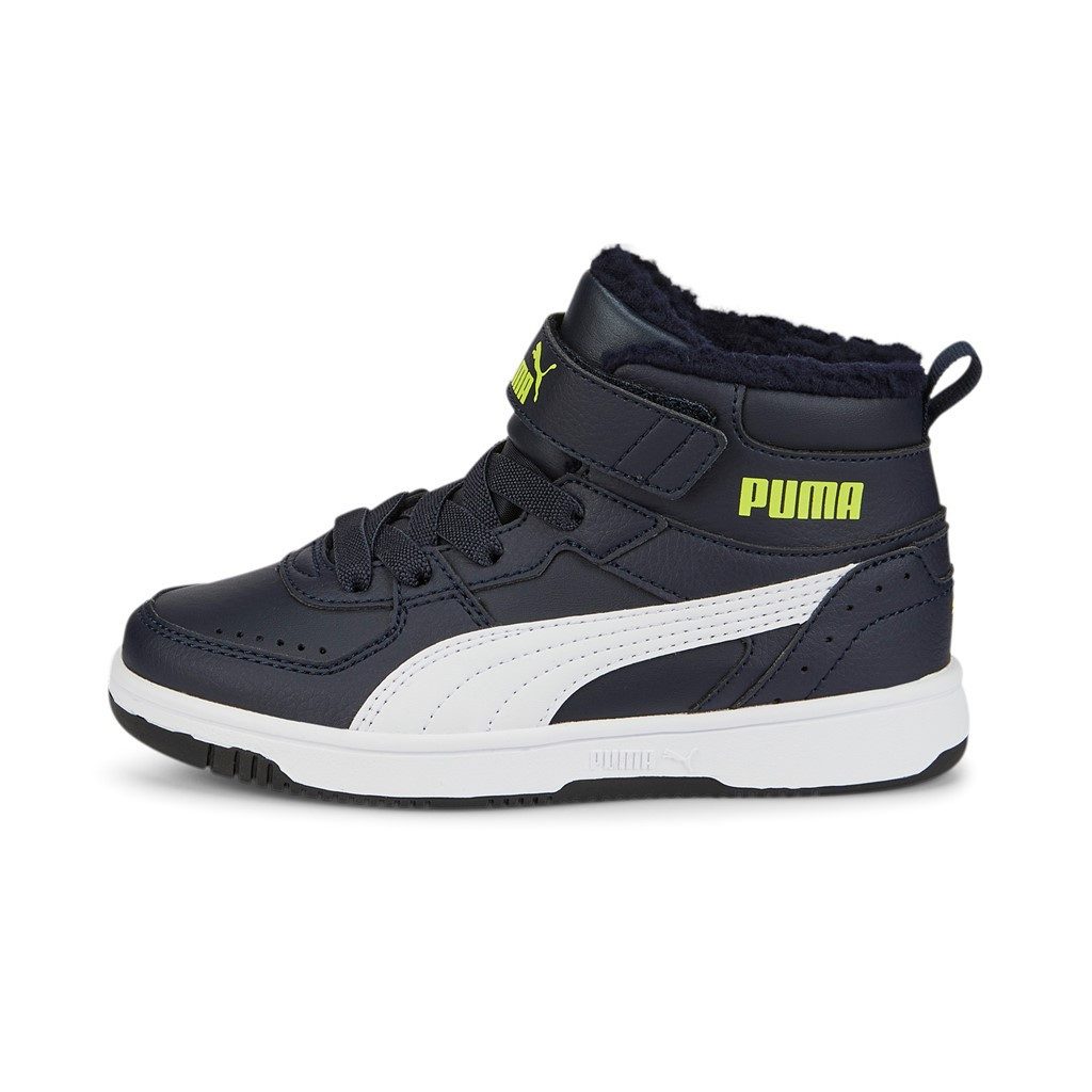 PUMA Winterschuhe Rebound Joy Fur gefüttert Vorschule nachtblau/lime Kinder Sneaker