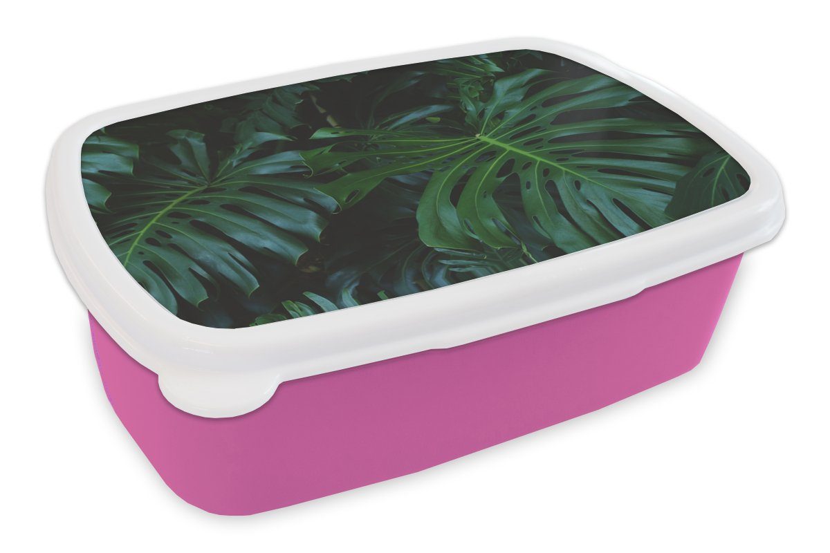 MuchoWow Lunchbox Monstera - Blätter - Tropisch - Dschungel, Kunststoff, (2-tlg), Brotbox für Erwachsene, Brotdose Kinder, Snackbox, Mädchen, Kunststoff rosa