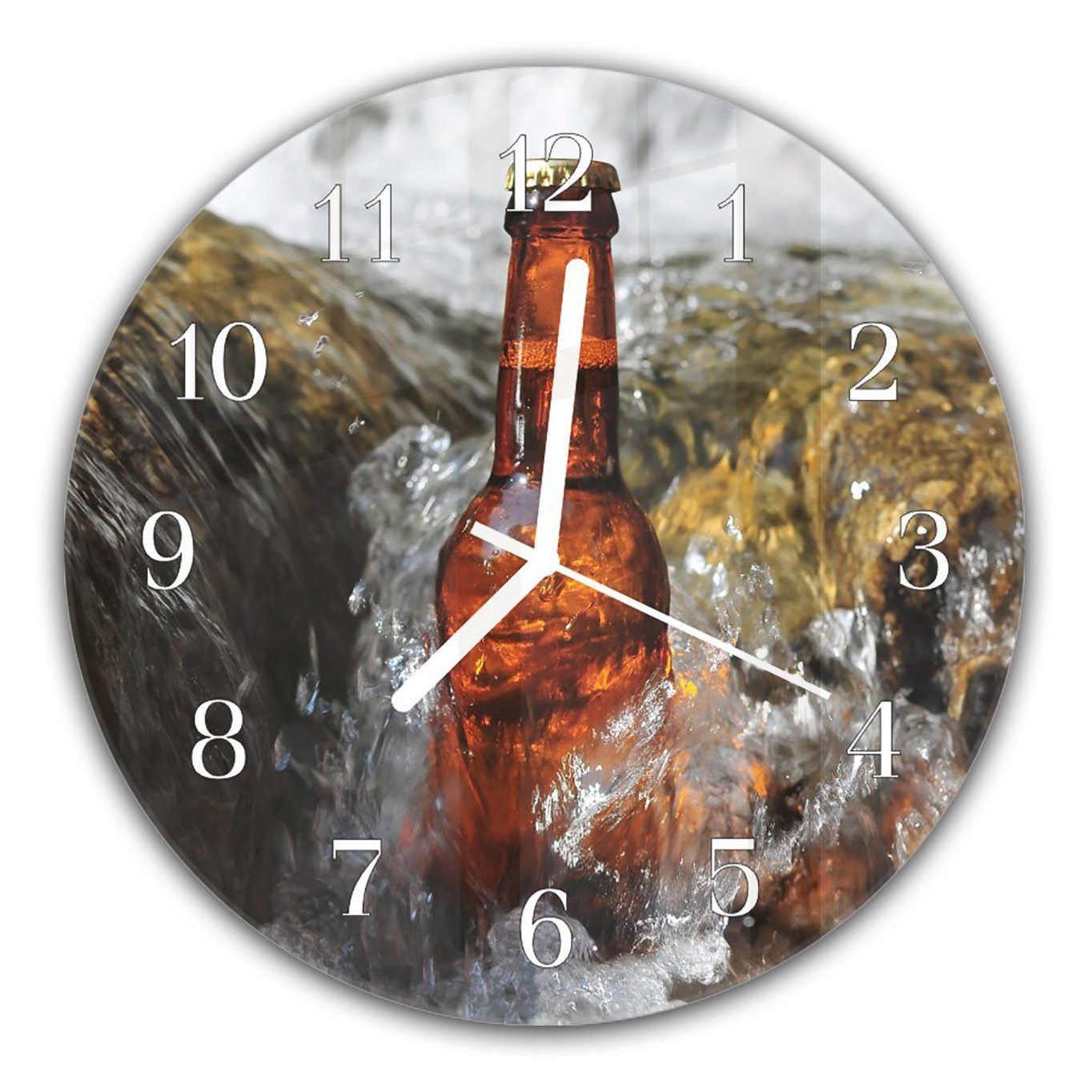 Primedeco Wanduhr Wanduhr aus Glas mit Motiv Flasche Bier - Rund mit Durchmesser 30 cm und Quarzuhrwerk