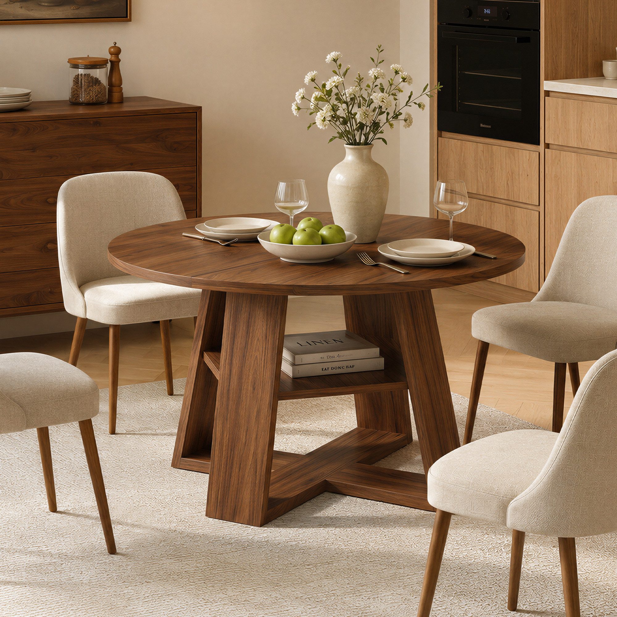 HawthyHome Esstisch aus Holz mit Ablagefach & X-förmigem Metallgestell, runder (1-St), mit Ablagefach & X-förmigem Metallgestell