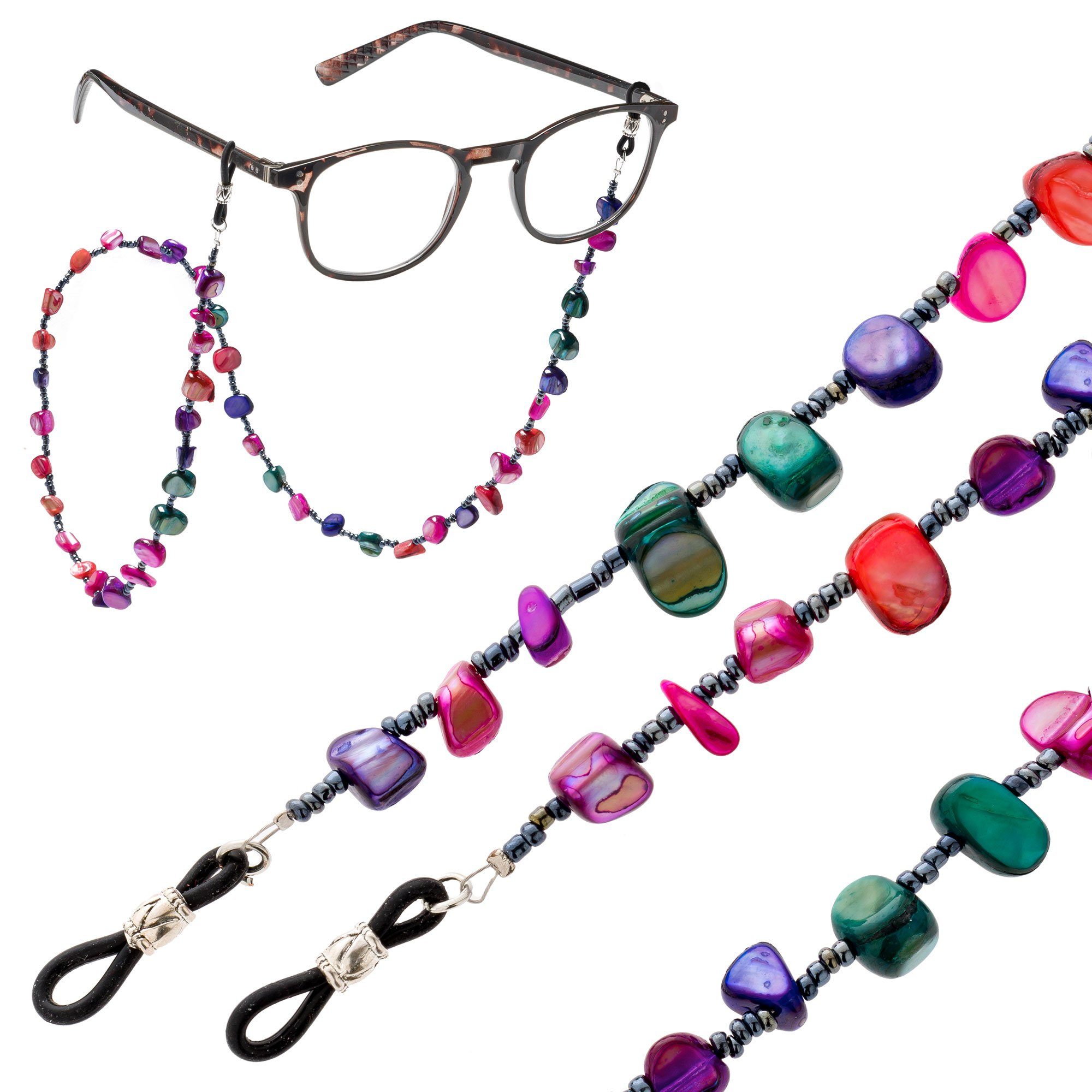 FEFI Brillenkette "MIA" mit echtem, gefärbten Perlmutt und Glasperlen, in goldfarbenem Organza-Säckchen + Faltschachtel