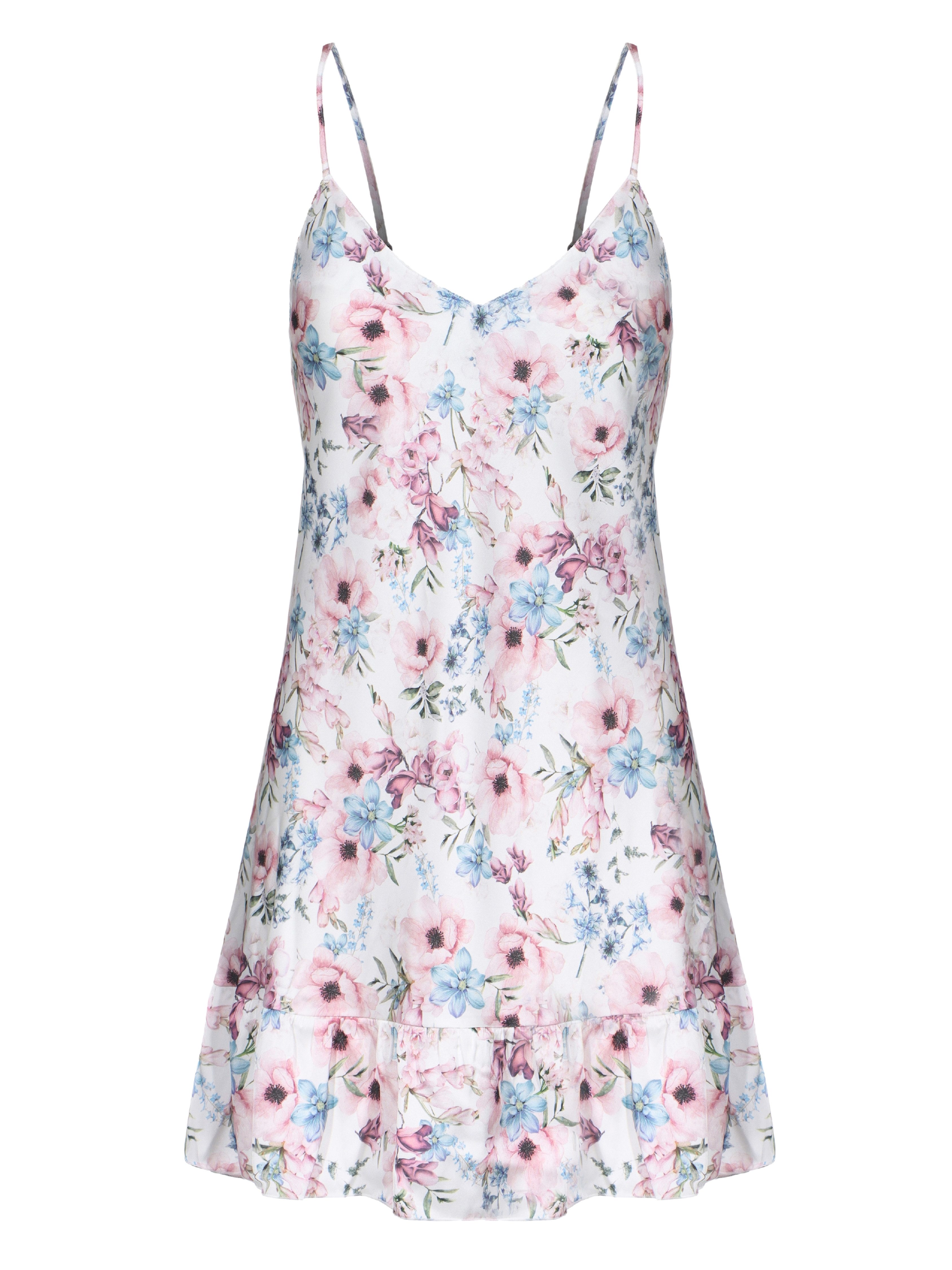 Donna Negligé Satin-Nachthemd mit Rosen-Druck aus weichem Microtouchmaterial, verstellbare Träger