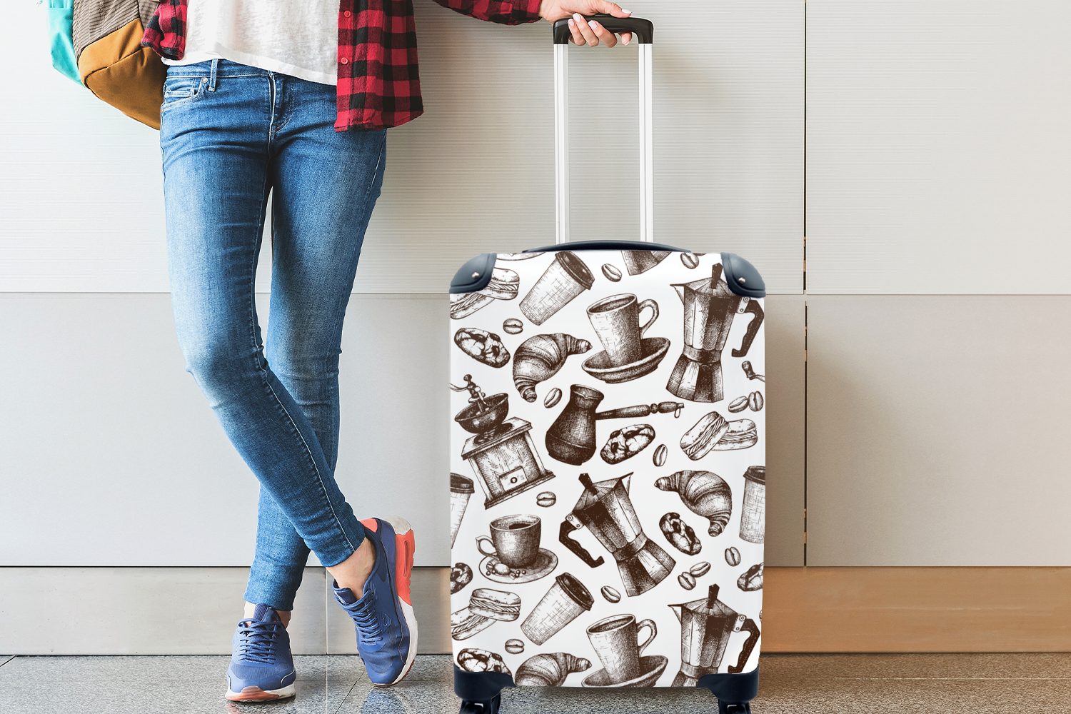 MuchoWow - Rollen, mit 4 rollen, Ferien, Trolley, - Reisetasche Handgepäckkoffer Kaffee Handgepäck Reisekoffer Muster, Croissant für