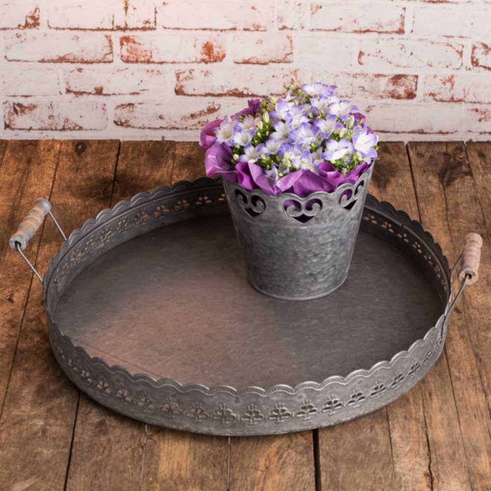 AltoBelli Dekotablett AltoBelli Deko Tablett FELINI Rund Medium Zink mit Holzgriffen 40 cm