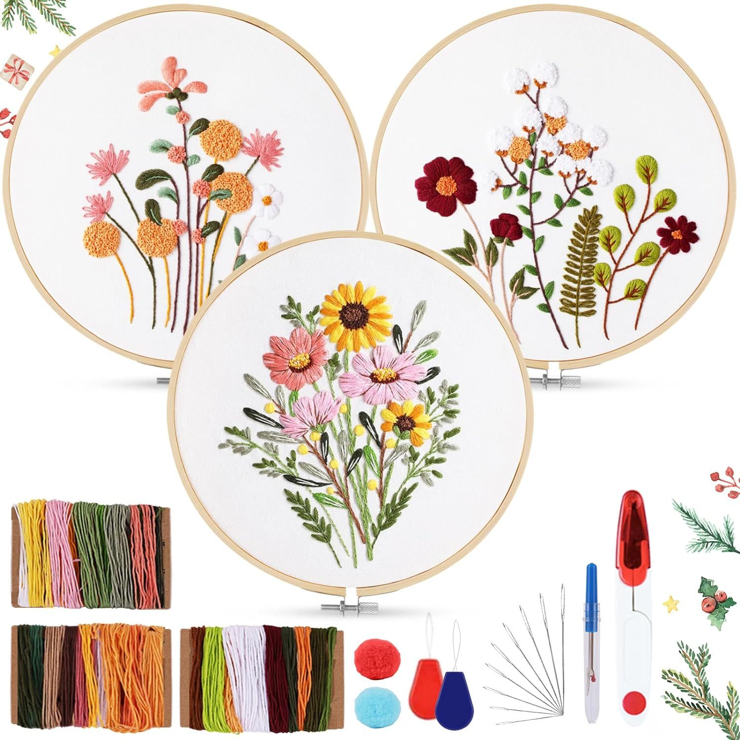 Bextsrack Kreativset Stickset für Anfänger, Blumenmuster Pflanzen Sticken Set, Erwachsene Stickerei Set mit 2 Stück Bambus Stickrahmen