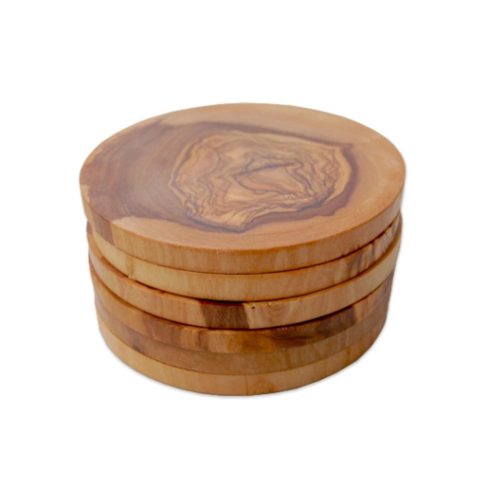 Olivenholz-erleben Getränkeuntersetzer 6x Untersetzer RUND Ø ca. 12 cm aus Olivenholz, 6-tlg., Passend für Gläser und Tassen, schützt vor Kratzern & Flecken