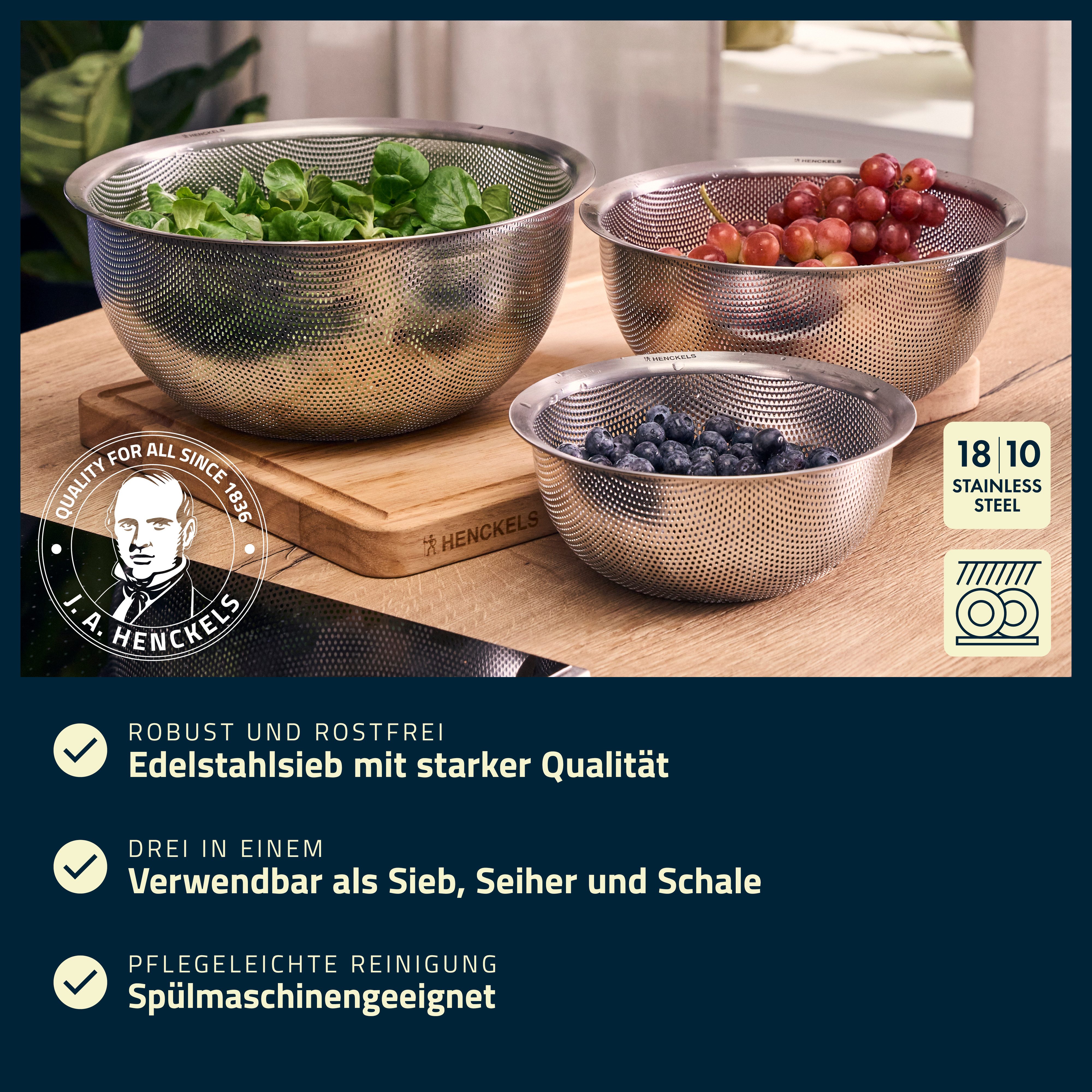 HENCKELS by ZWILLING Küchensieb Trio, Edelstahl, (1-St), Rostfreier Edelstahl, Sieb, Seiher und Schale, Stapelbar