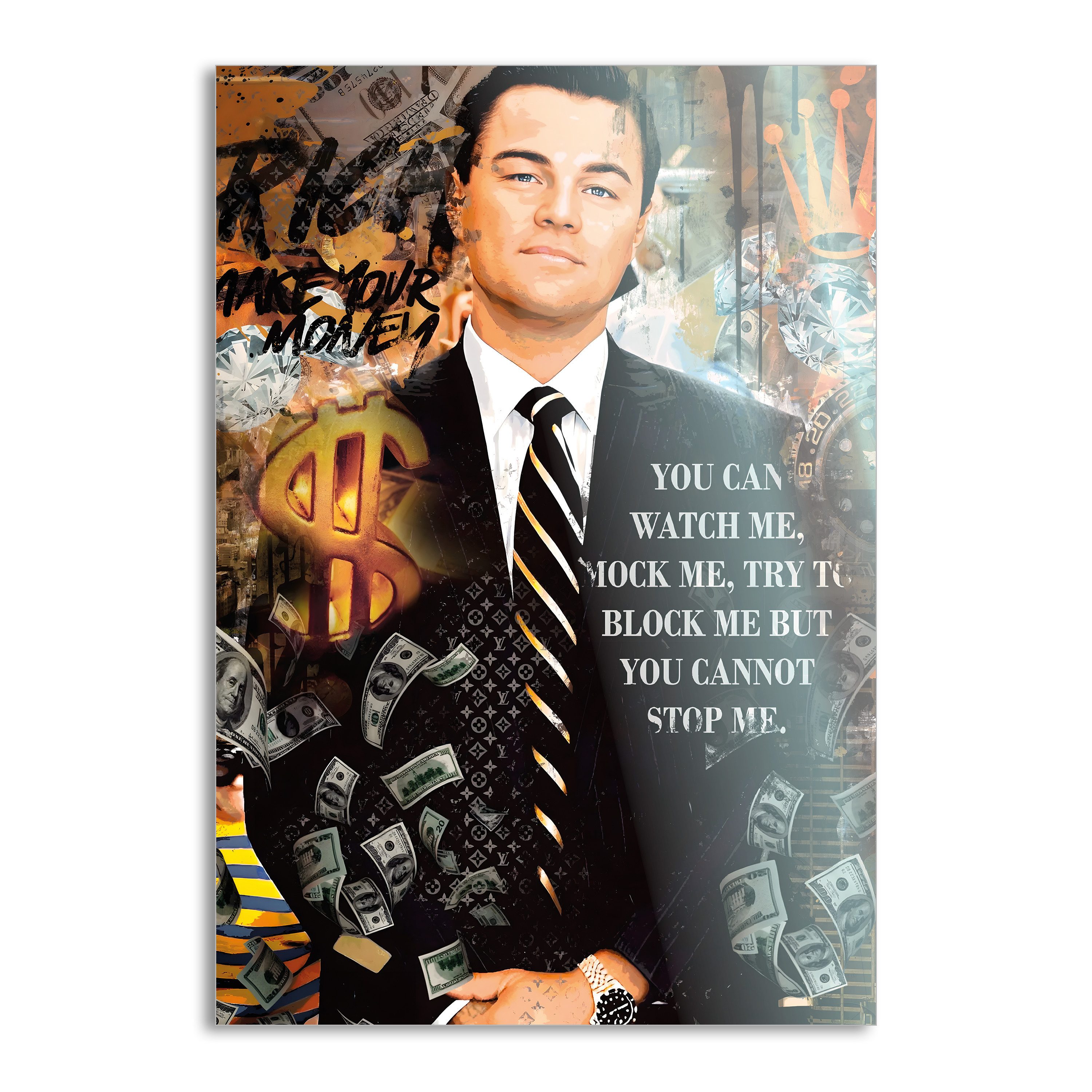 SimpleCanvas Wandbild Can't stop me - Leinwandbild Pop Art / Motivation, Wandbild Di Caprio, Wolf of Wall Street, Geld