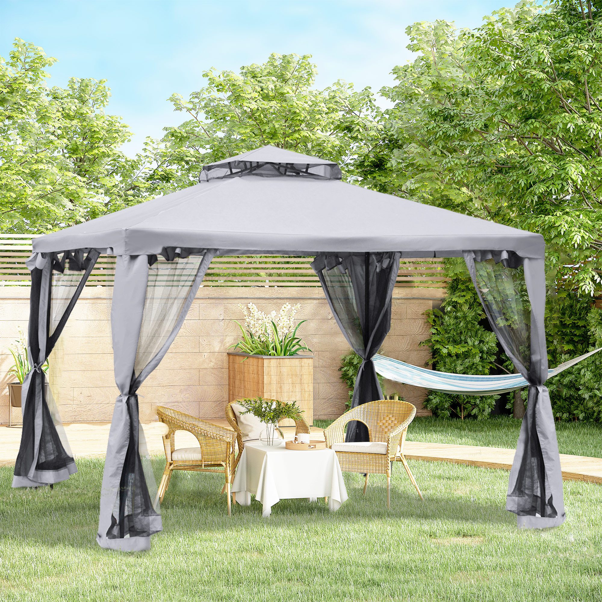 Outsunny Pavillon Gartenpavillon Wasserdicht Stabil, Garten-Pavillon Metall Hellgrau, mit 4 Seitenteilen, (Gartenzelt, Gartenpavillon), für Garten, Balkon, Hellgrau