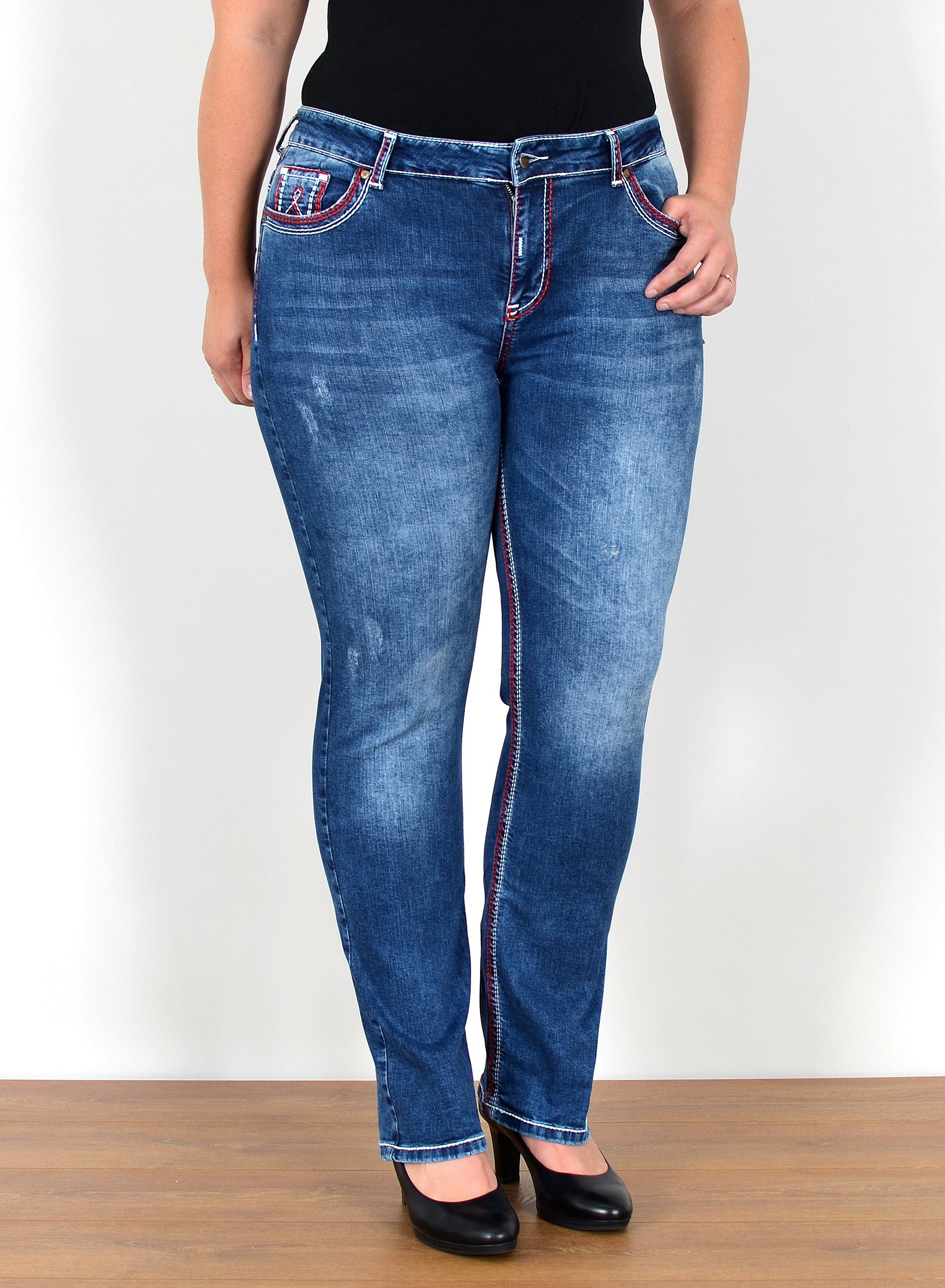ESRA Straight-Jeans FG12 Straight Fit Джинсы Damen High Waist Hose Kontrastnähte bis Plus Size