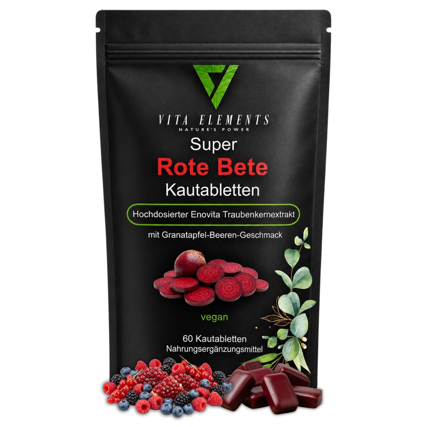 Vita Elements Super Rote Bete Kautabs - Mit Enovita Traubenkernextrakt, 60 Kautabletten, 1 er Packung à 60 St., Granatapfel-Beeren-Geschmack, Vegan, Gentechnikfrei und Laborgeprüft