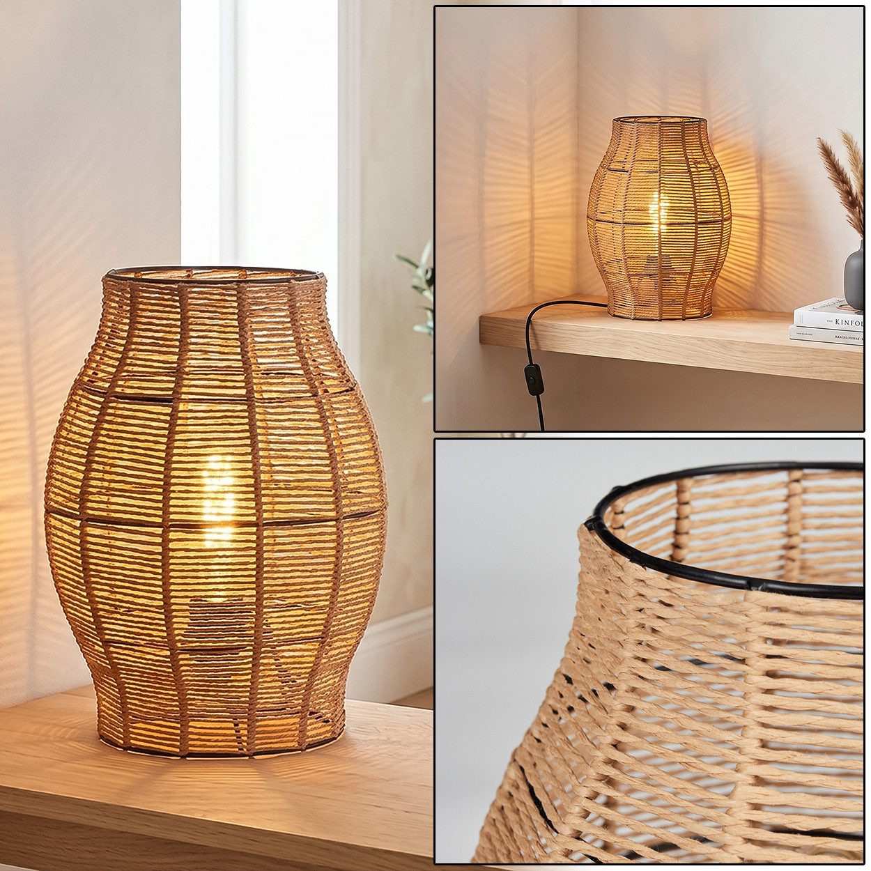 hofstein Tischleuchte Tischlampe aus Metall/Bast in Schwarz/Naturfarben, ohne Leuchtmittel, Tischleuchte im Boho-Design, Lichteffekt, Schalter am Kabel, 30cm, E27