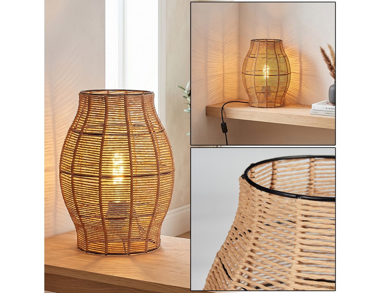 hofstein Tischleuchte Tischlampe aus Metall/Bast in Schwarz/Naturfarben, ohne Leuchtmittel, Tischleuchte im Boho-Design, Lichteffekt, Schalter am Kabel, 30cm, E27