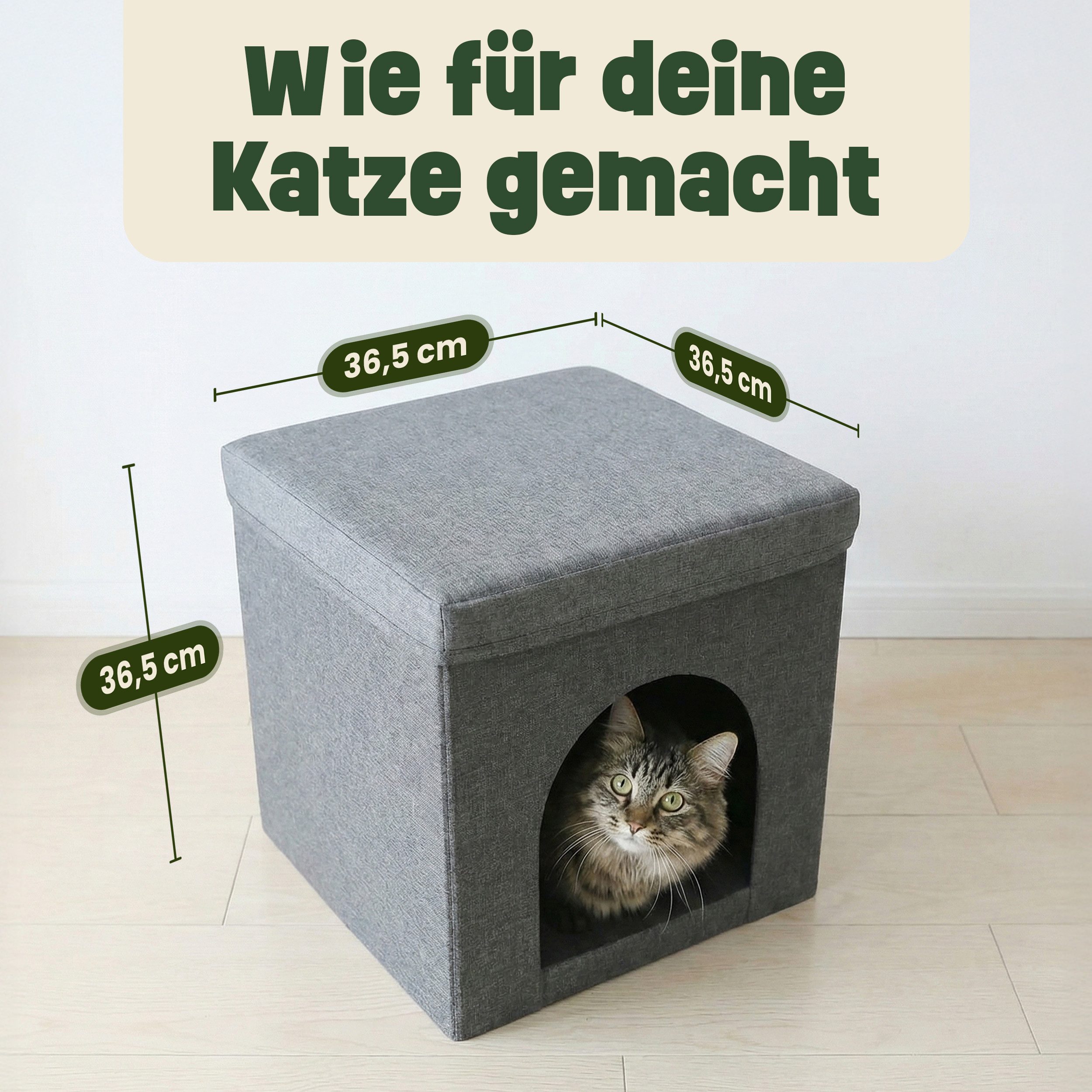 Zooprinz Katzenhaus Katzenhöhle Simba mit Kratzfläche und Wendekissen, faltbar, 36,5 × 36,5 × 36,5 cm, Anti-Rutsch-Boden, Leinenstoff, Grau