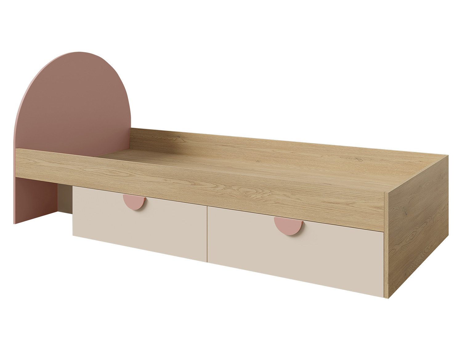 Beautysofa Kinderbett LENA 90x200 cm mit 2 Schubladen und Kopfteil (Kinder- und Jugendbett, ohne Matratze), Eiche Cremona/Macadamia/Puderrosa