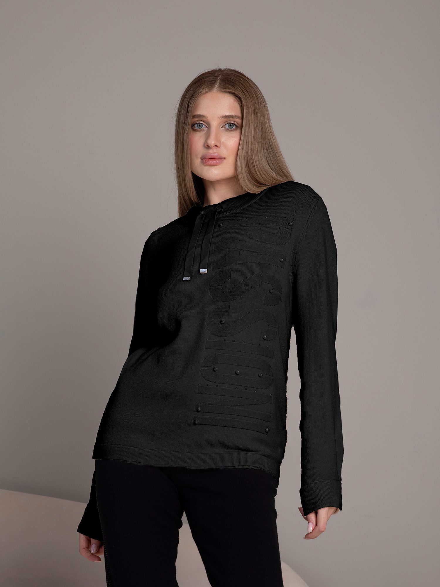 Passioni Strickpullover mit Kordelzug am Halsausschnitt