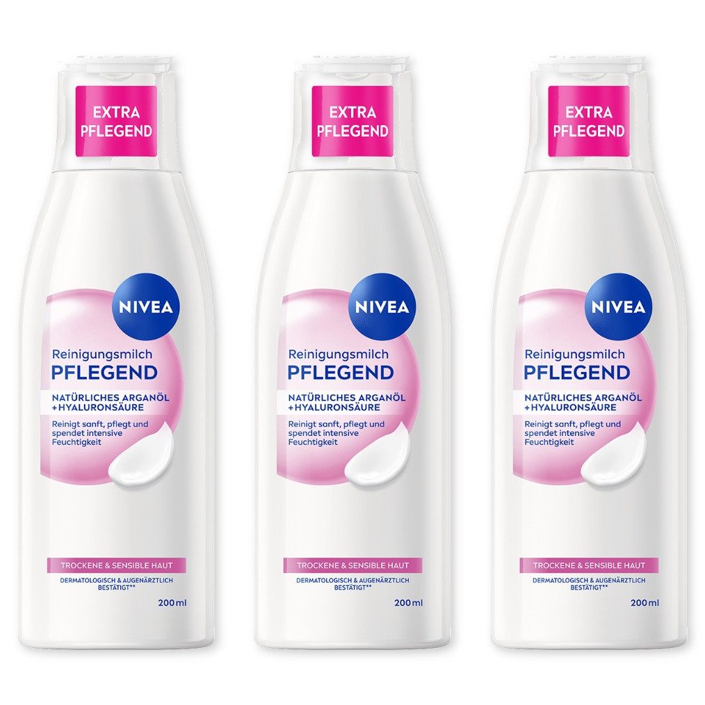 Nivea Gesichts-Reinigungsmilch Pflegende 3 x 200ml mit Arganöl und Hyaluronsäure, 3-tlg.