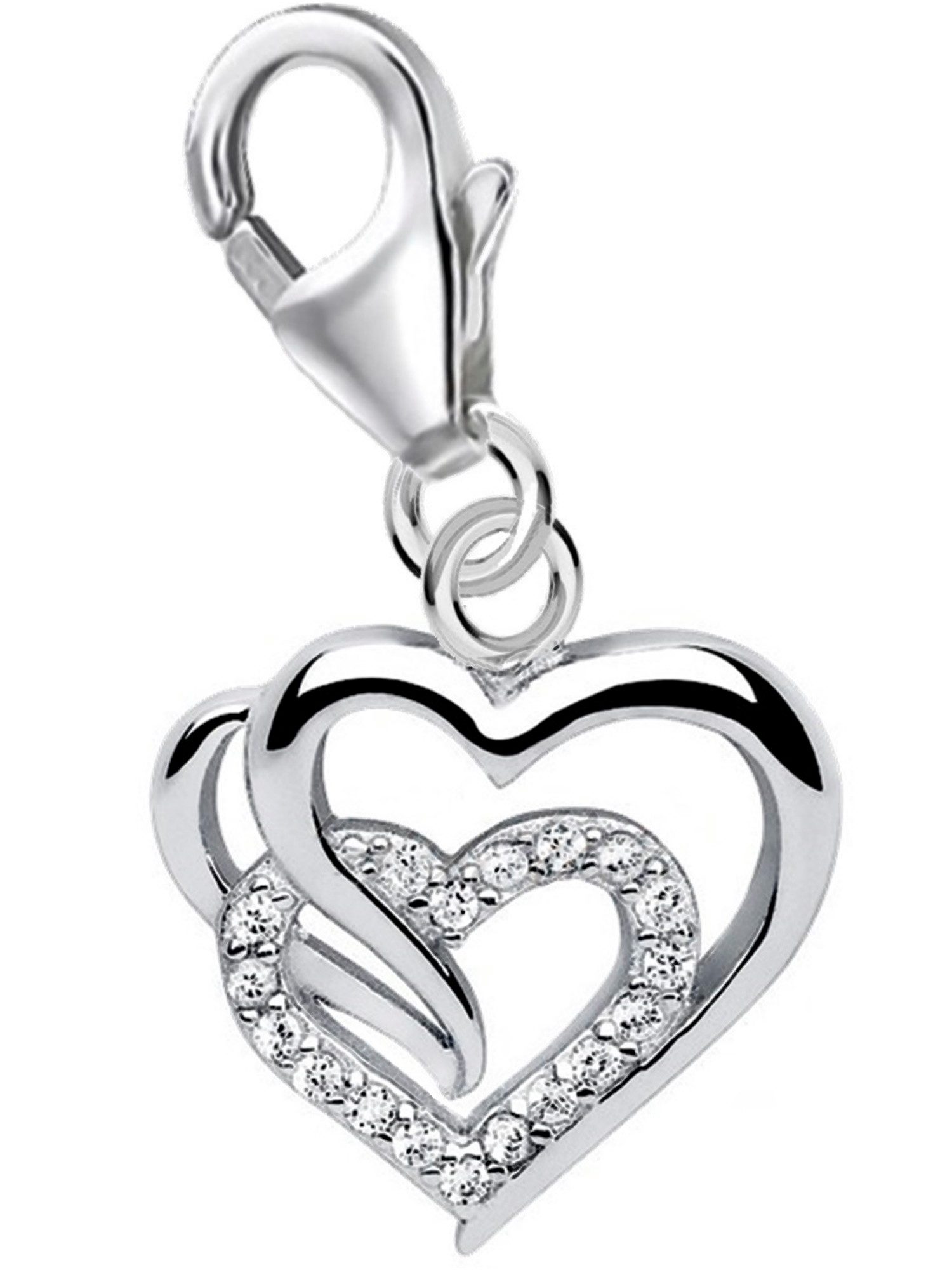 Goldene Hufeisen Charm Herz Herz Zirkonia Charm Anhänger aus 925 Sterling Silber (1 Stück, inkl. Etui), rhodiniert