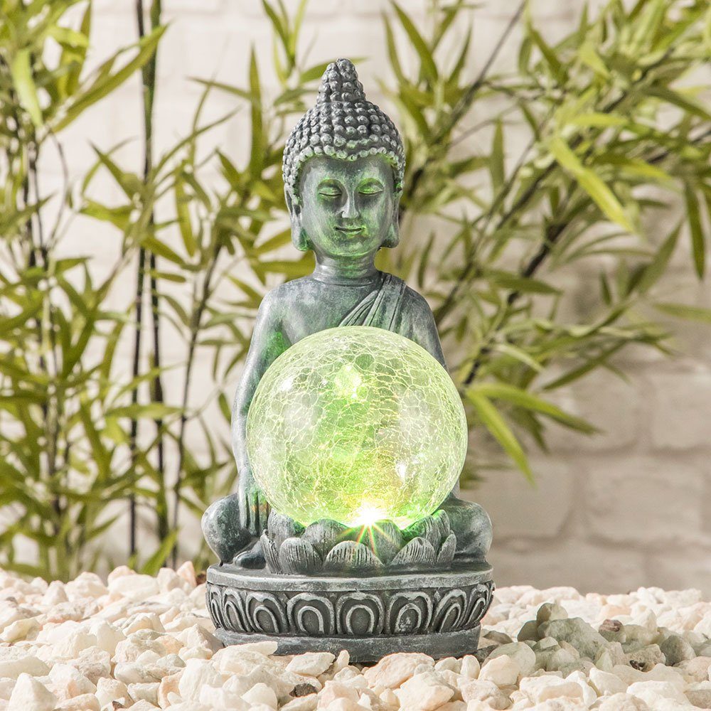 Figur Solarleuchte, LED Solarleuchte mit Garten Buddha crackle etc-shop Glaskugel LED