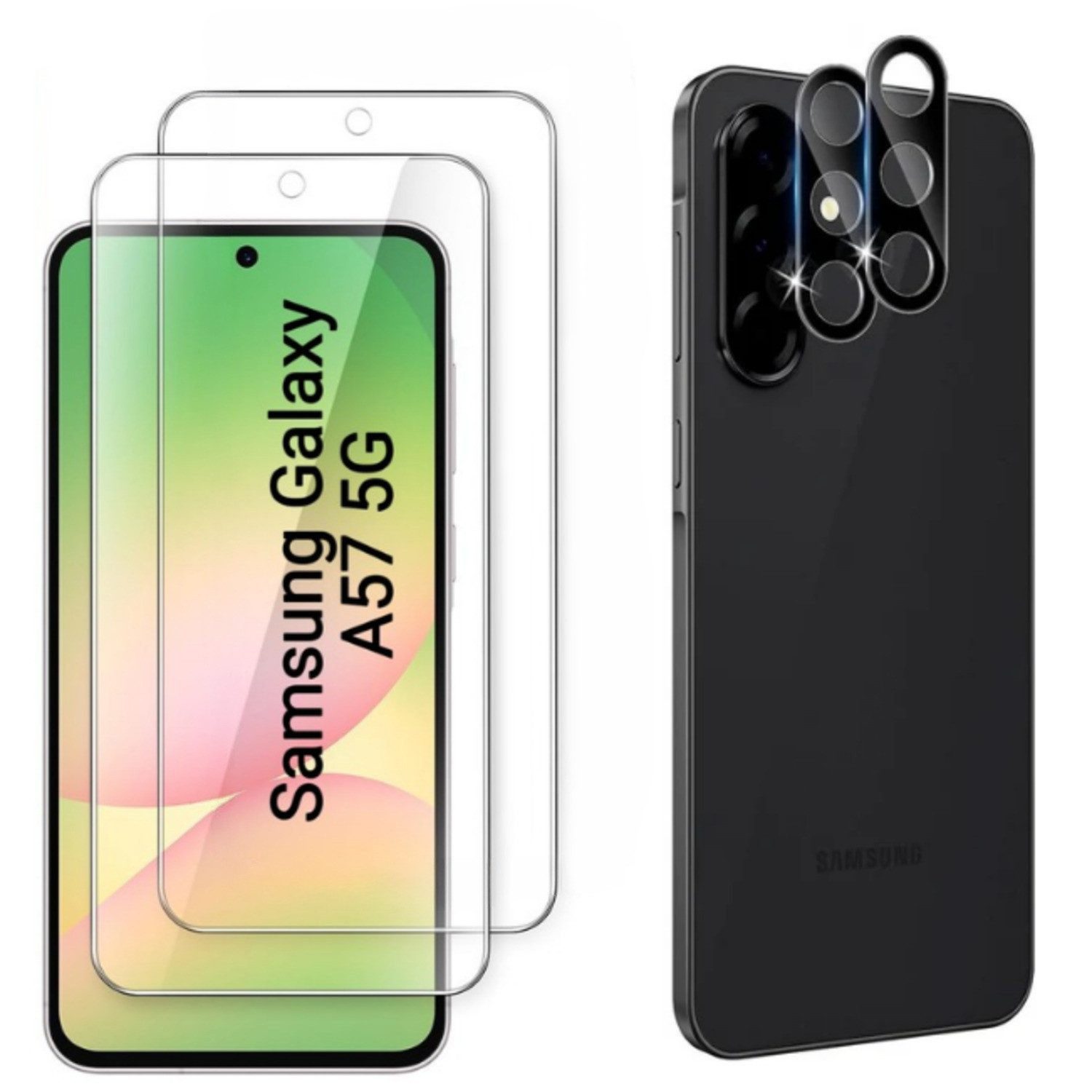 CLM-Tech Displayschutzglas und Kameraschutz für Samsung Galaxy A57 5G, - Spar-Set (2x Display Panzerglas + 2x Kameraglas), 4 Stück, Anti-Fingerabdruck und blasenfreie Anbringung