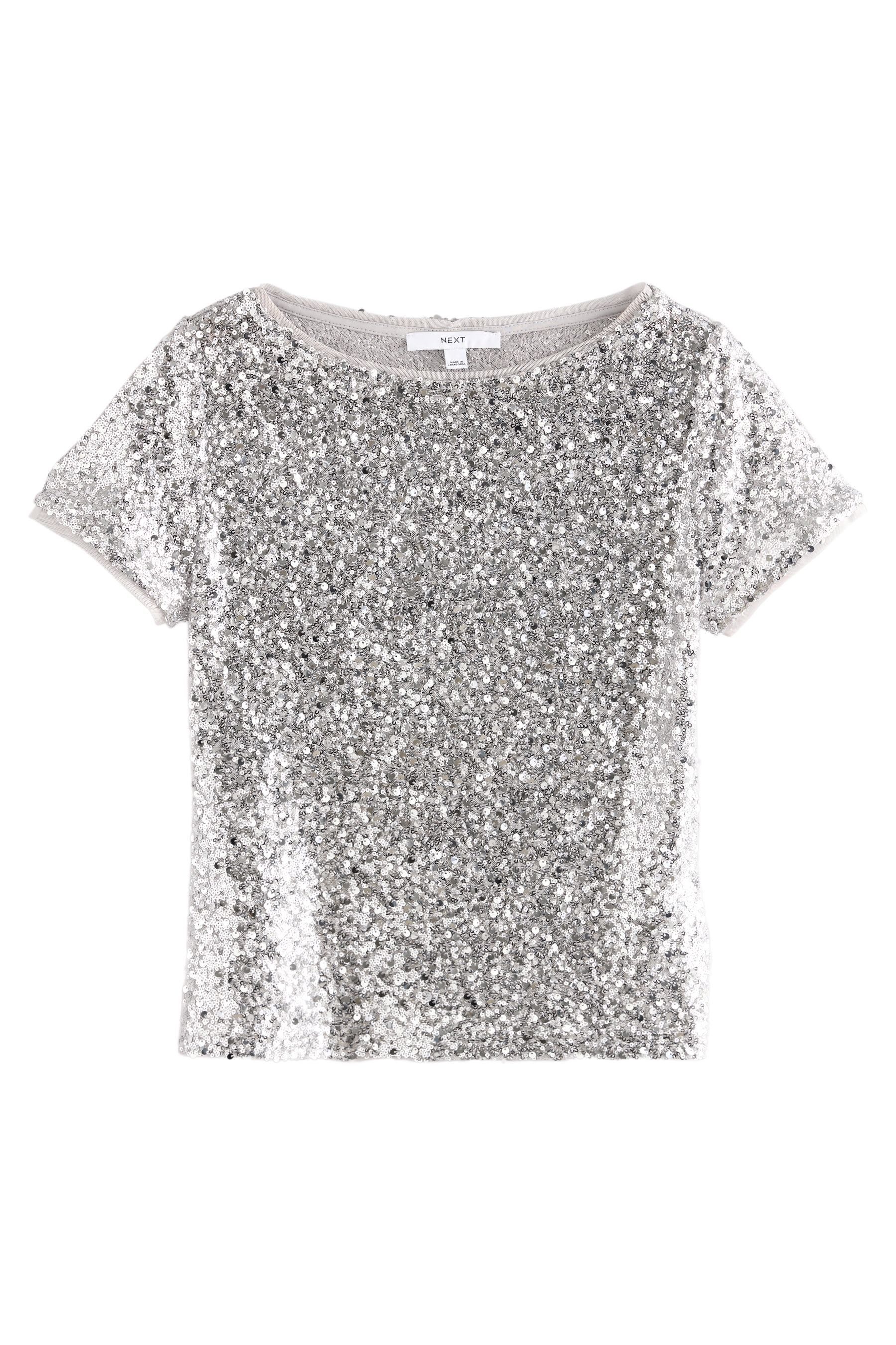 Next Paillettenshirt Kurzarmshirt mit Pailletten und U-Boot-Ausschnitt (1-tlg)