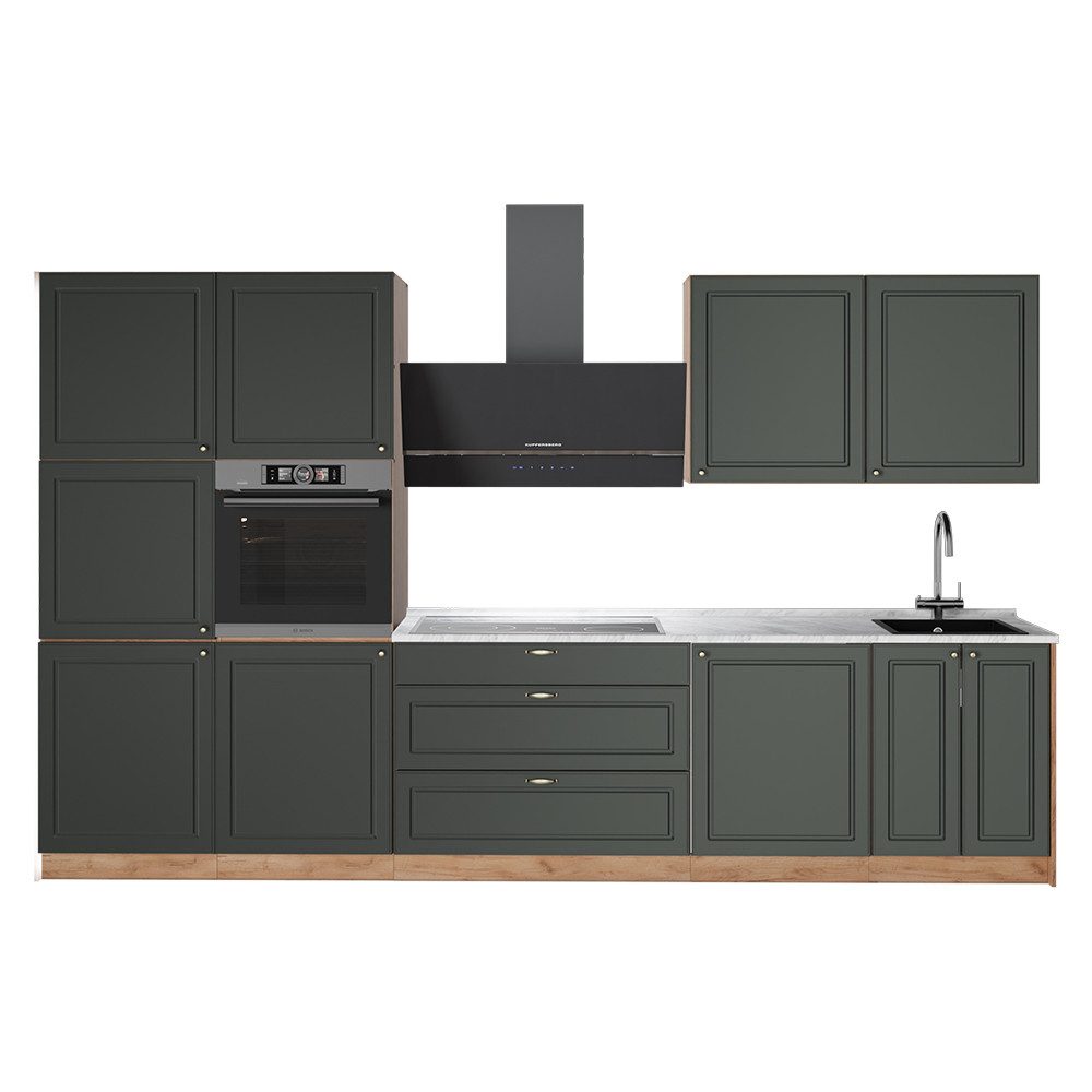 Vicco Küchenzeile Fame-Line, Grün-Gold Landhaus/Goldkraft Eiche, 340 cm, AP Marmor