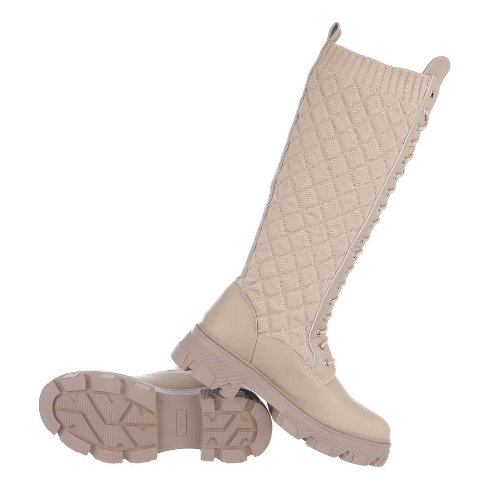 Ital-Design Damen Schnürschuhe Freizeit Plateaustiefel Blockabsatz Schnürstiefel in Beige