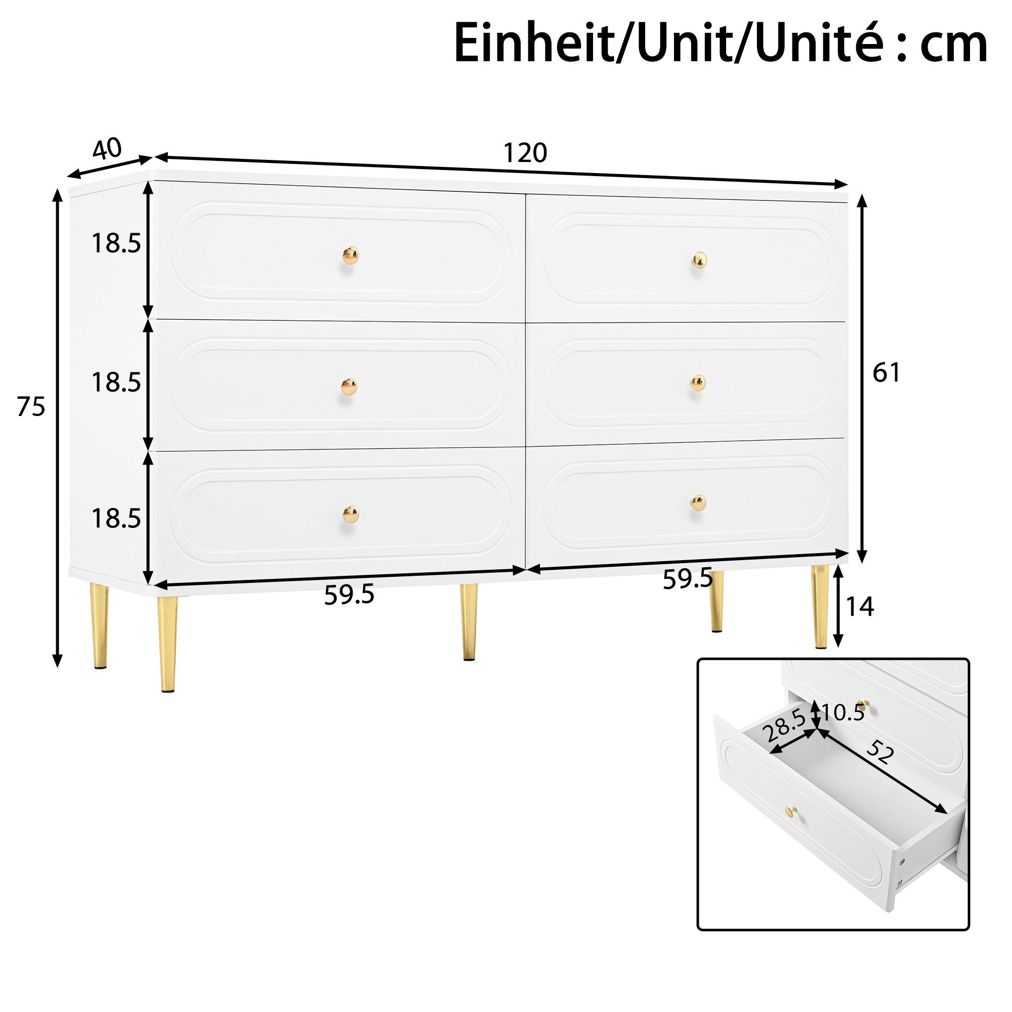 Merax Sideboard mit ovalen Vertiefungen & Metallfüßen (120 x 40 x 75 cm (L x B x H), 1 St), Aufbewahrungsschrank Kommode mit 6 Schubladen & großem Stauraum – Bild 4 von 5