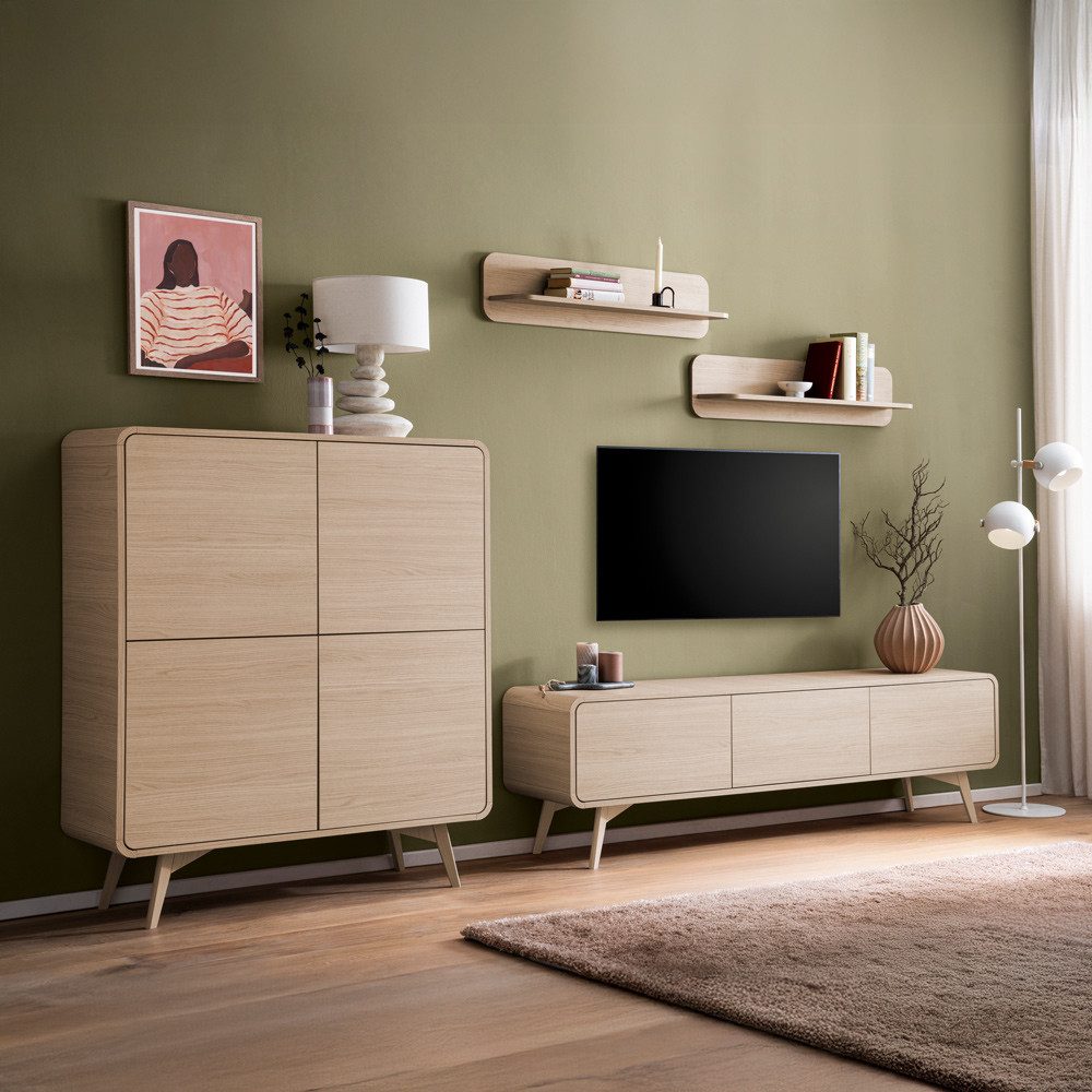 Lomadox Wohnwand TULSA-61, (4-St., Highboard Lowboard Wandregale), minimalistische Möbel in Eiche Dekor, Push-to-Open, Softclose