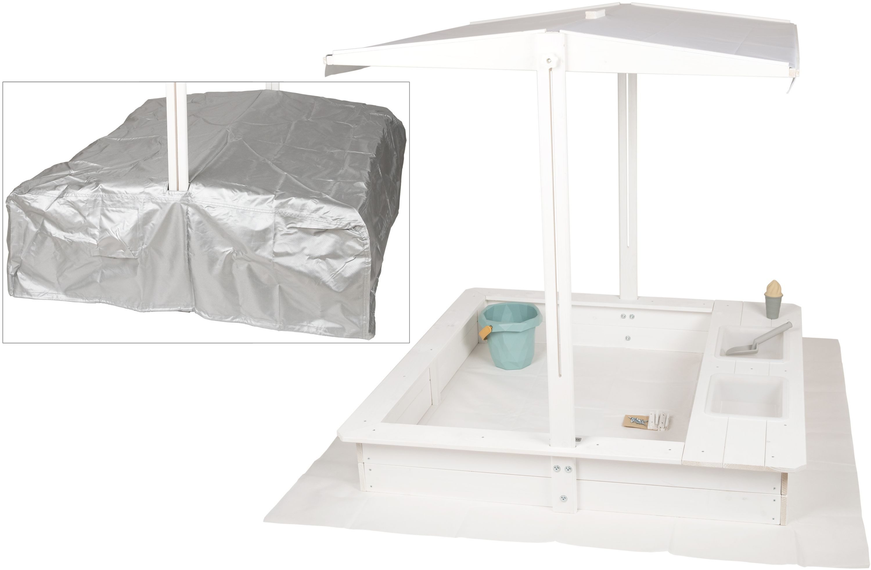 WONDERMAKE Sandkasten mit Abdeckung Deckel Dach, 2x Matschküche, Boden Vlie günstig online kaufen