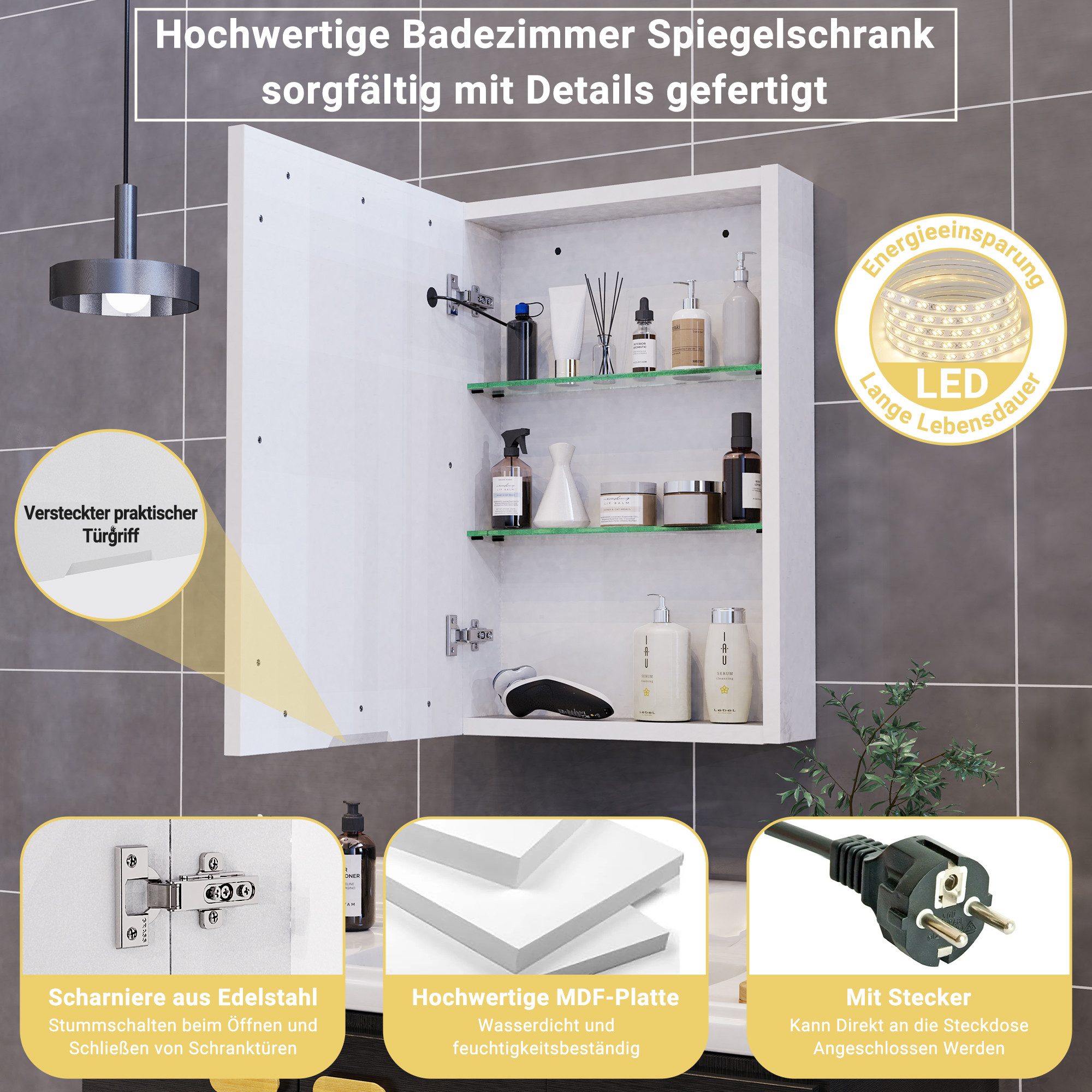 Simurq Spiegelschrank Badezimmerspiegelschrank mit LED-Beleuchtung Hängeschrank, 1/2-Türer Badspiegel mit verstellbaren Regalen, 3 Farbtemperaturen Dimmfunktion – Bild 4 von 5